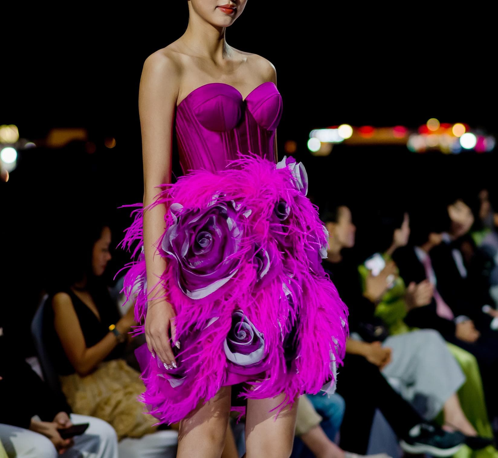 PINK BUSTIER DRESS WITH FEATHER & ROSES