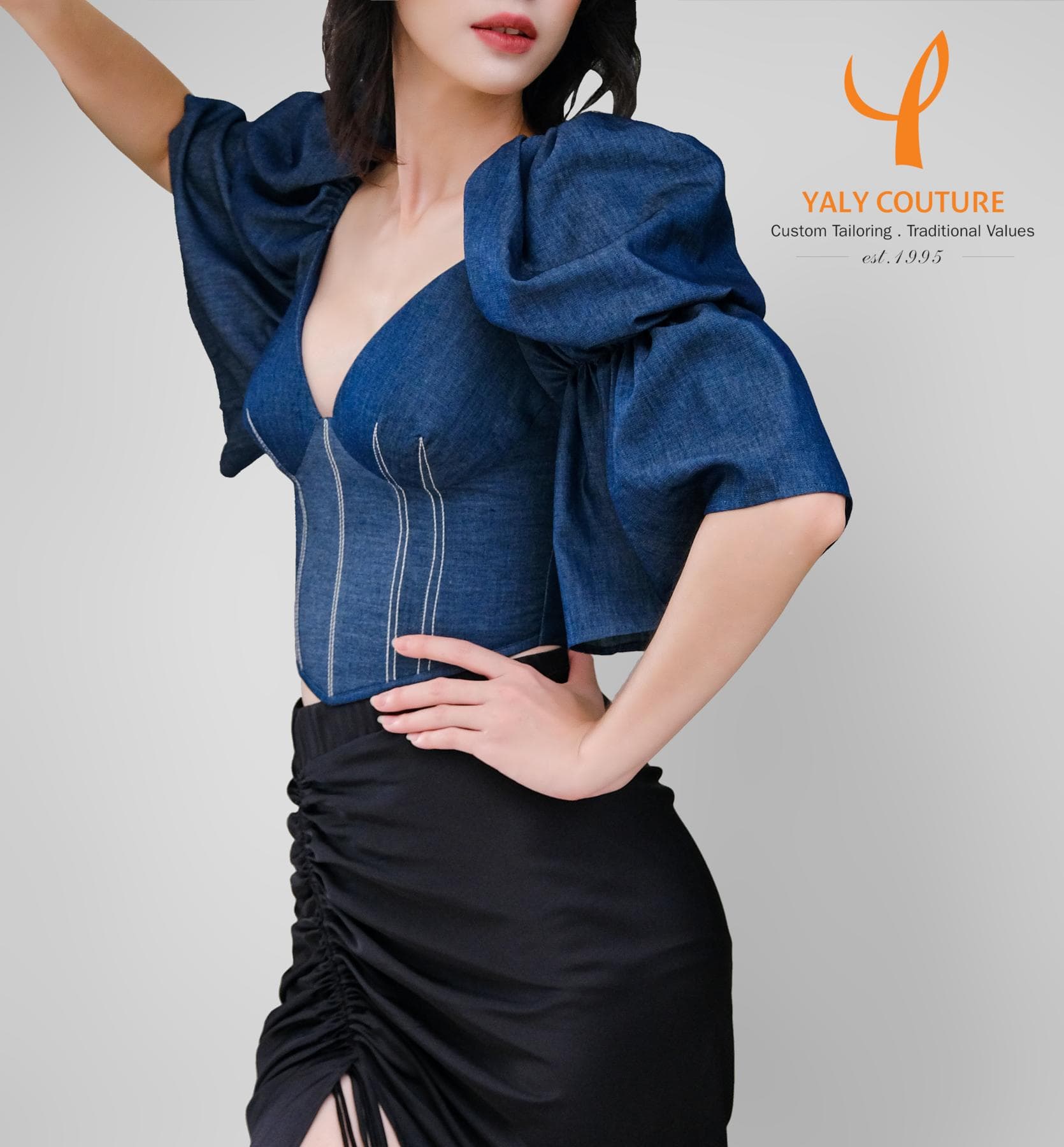 STYLISH JEAN TOP WITH PUFFY SLEEVES