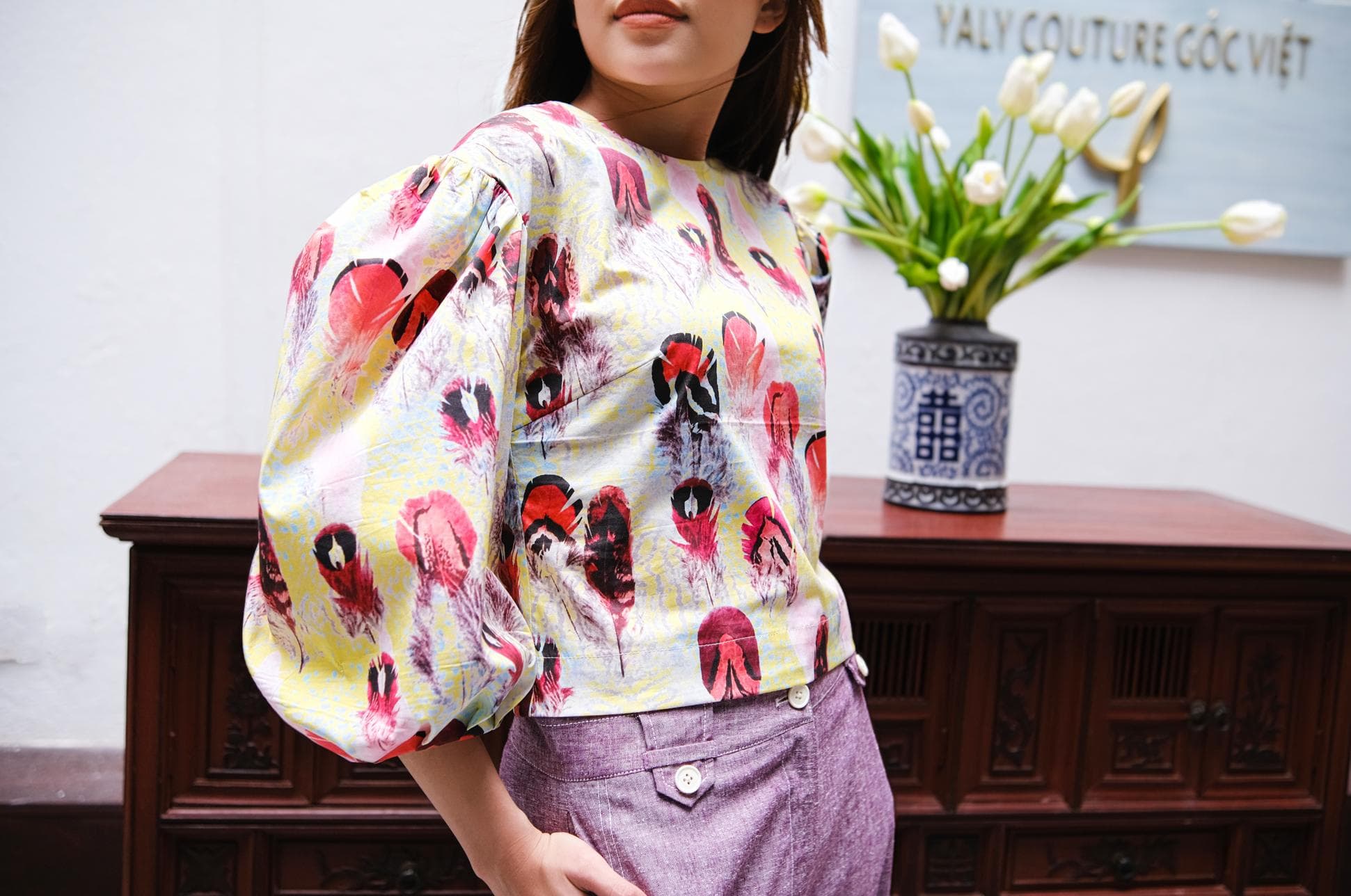 FEATHER PRINT COTTON TOP