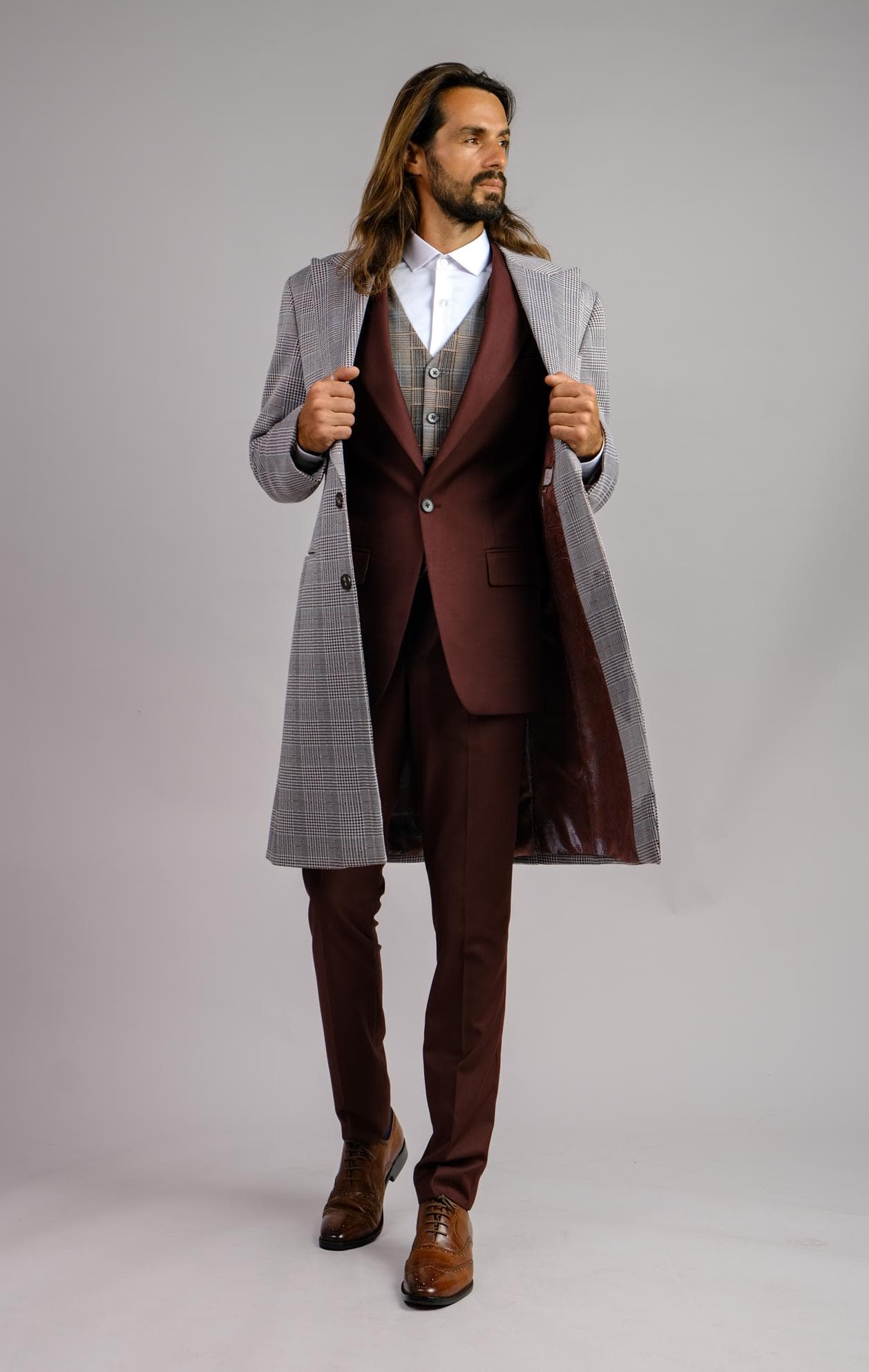 ITALIAN BURGUNDY 3-PIECE SUIT & OVERCOAT