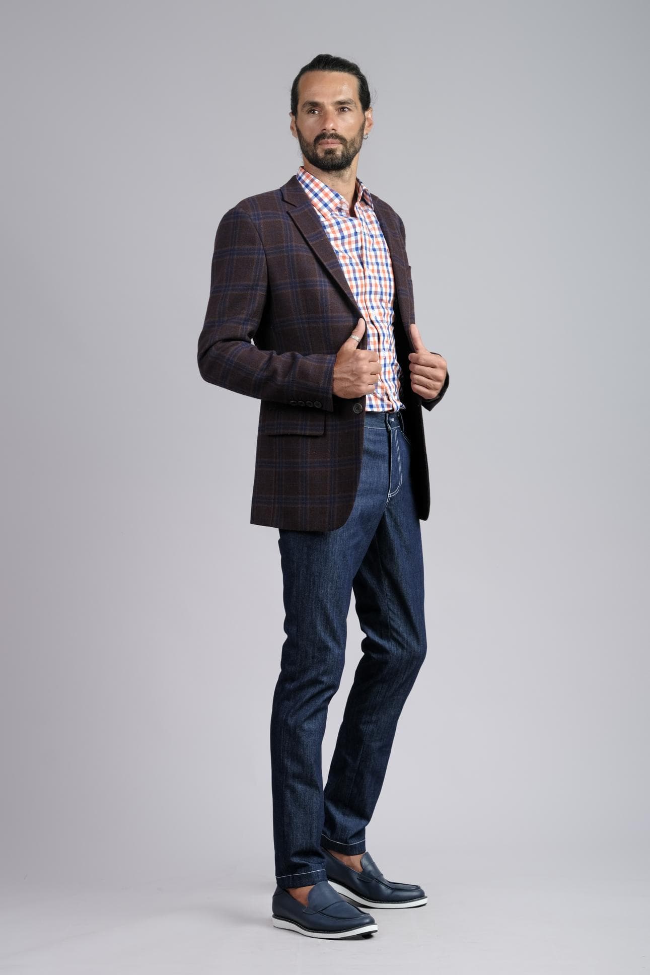 CHECK WOOL JACKET & DARK DENIM 2-PIECE SUIT