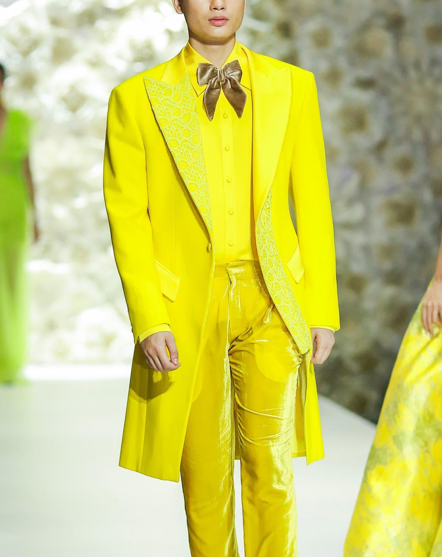 LONG YELLOW JACKET WITH LACE EMBELLISHMENTS