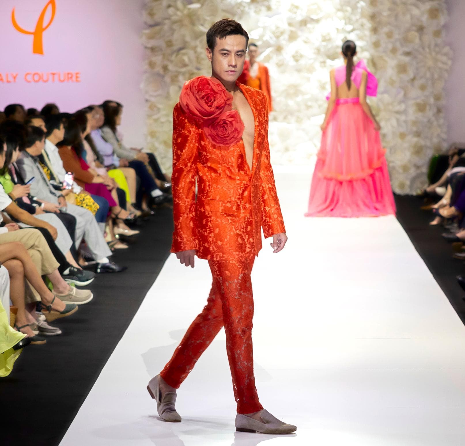 ORANGE LACE OVER WOOL TROUSERS