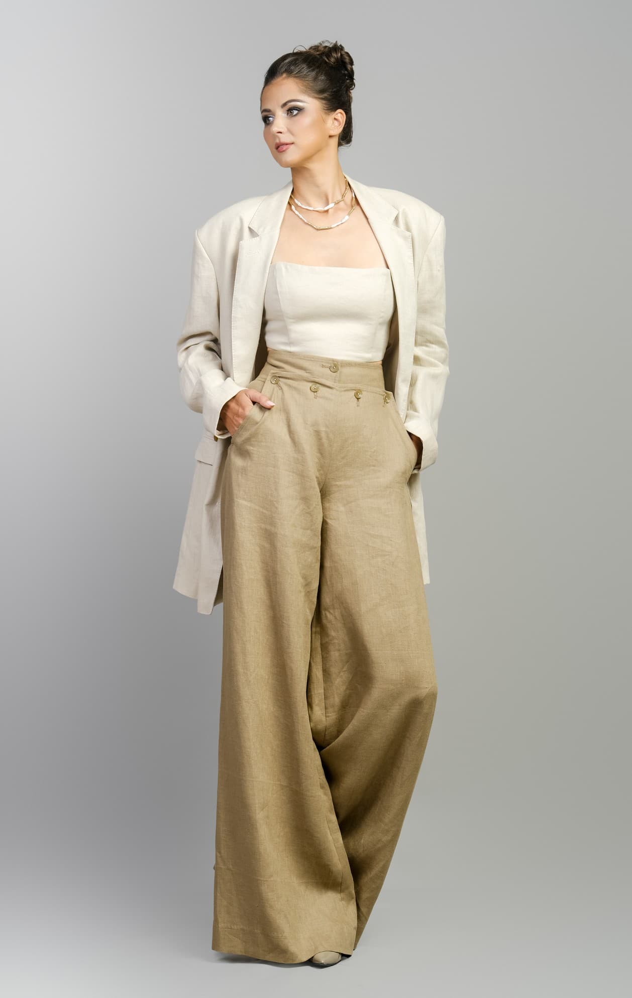 LINEN WIDE-LEG TROUSERS