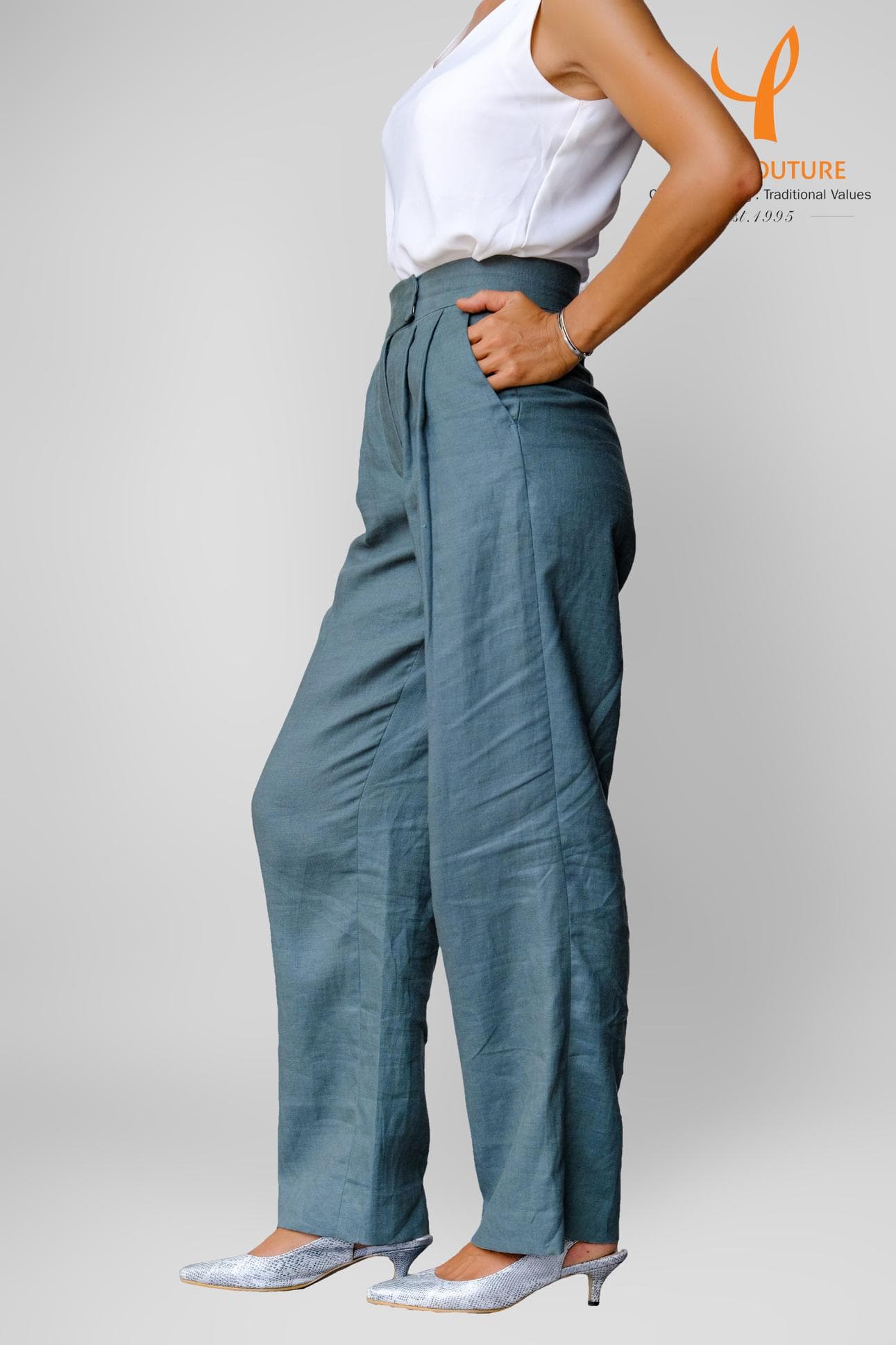 GREEN LINEN PLEATED TROUSERS