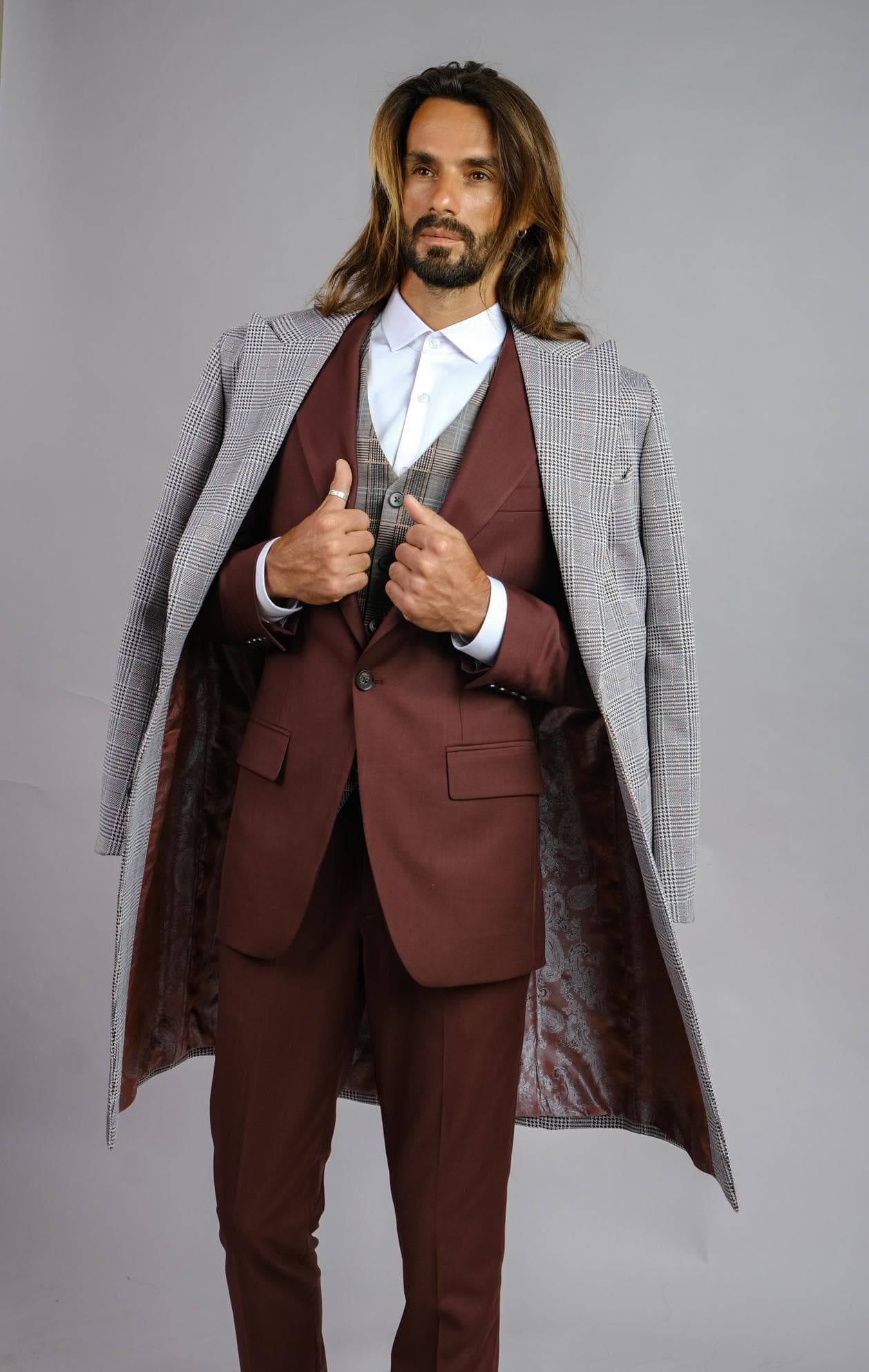 ITALIAN BURGUNDY 3-PIECE SUIT & OVERCOAT