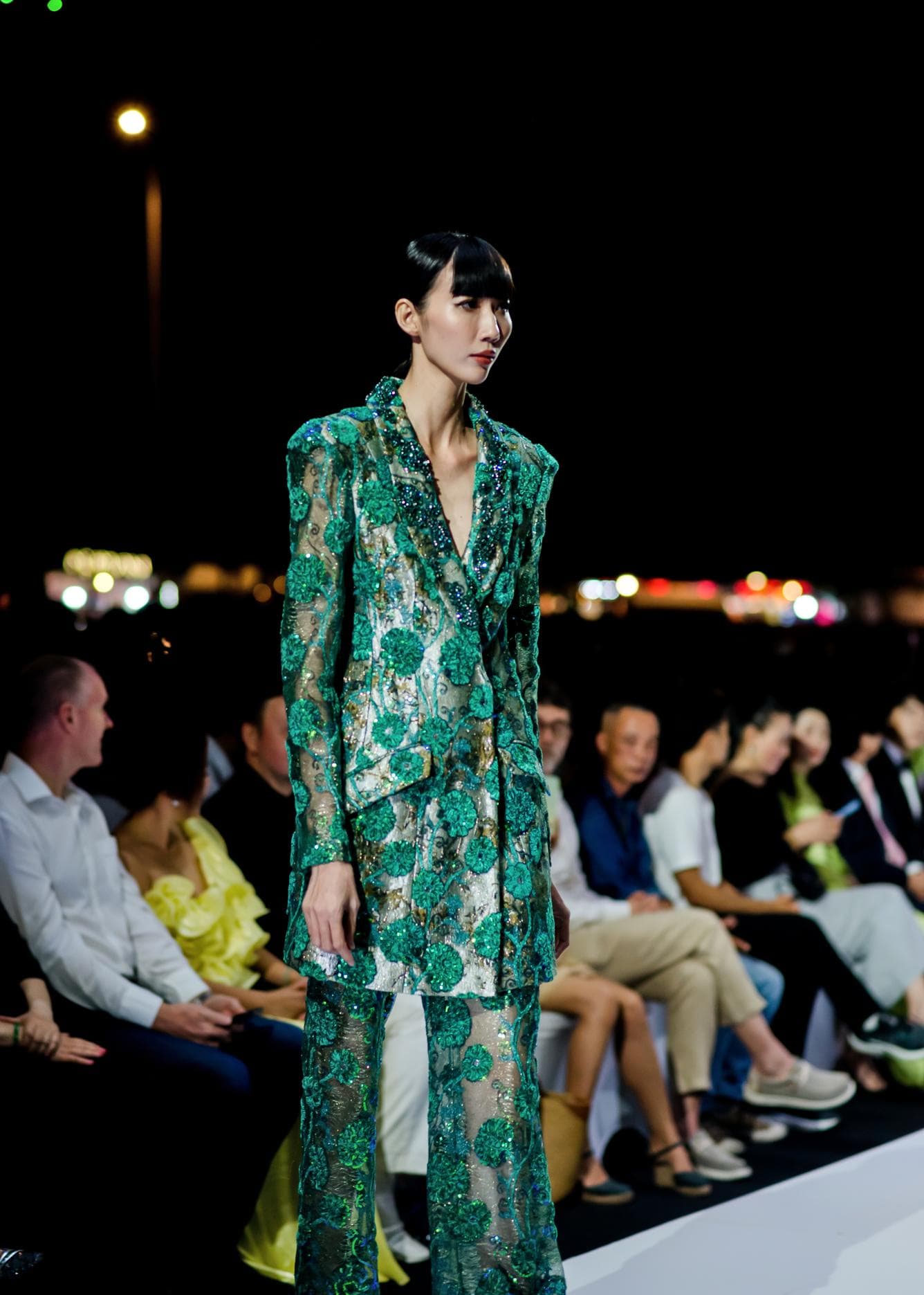 GREEN LACE OVER BROCADE LONG JACKET