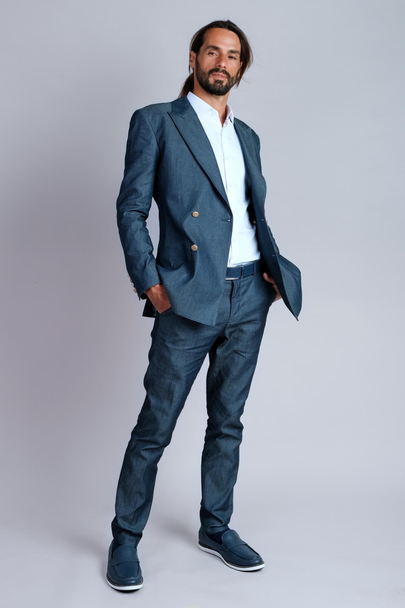 BLUE DENIM DOUBLE BREASTED 2-PIECE SUIT