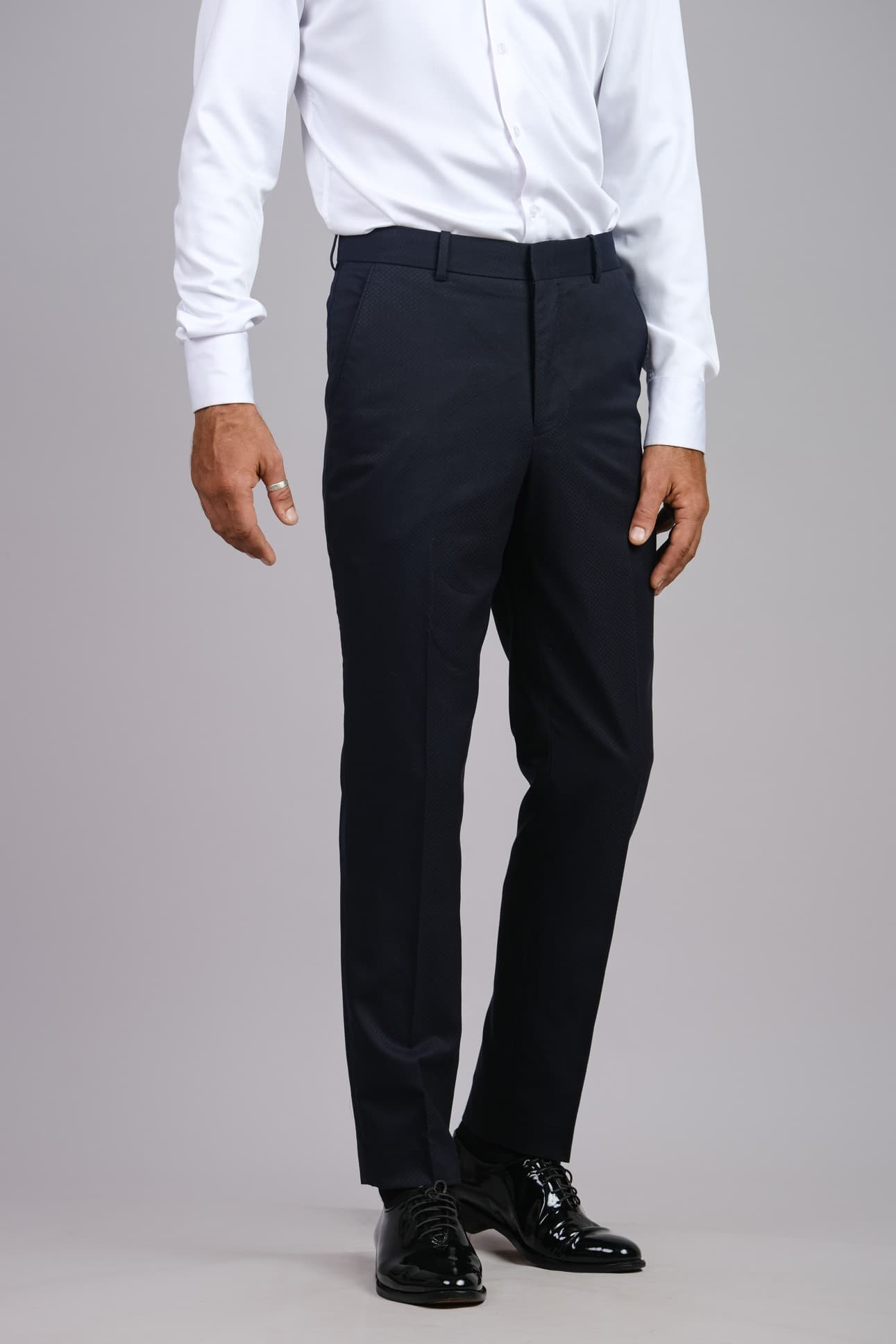 NAVY BLUE SLIM-FIT WOOL TUXEDO TROUSERS