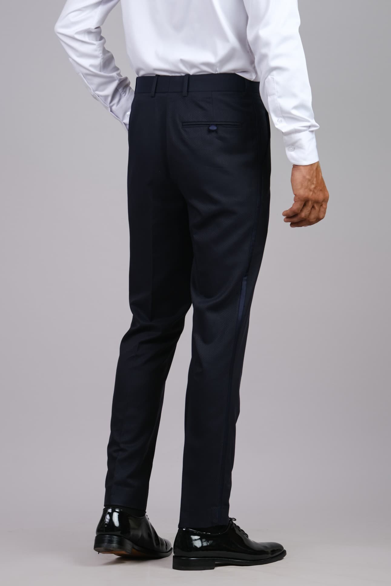 NAVY BLUE SLIM-FIT WOOL TUXEDO TROUSERS