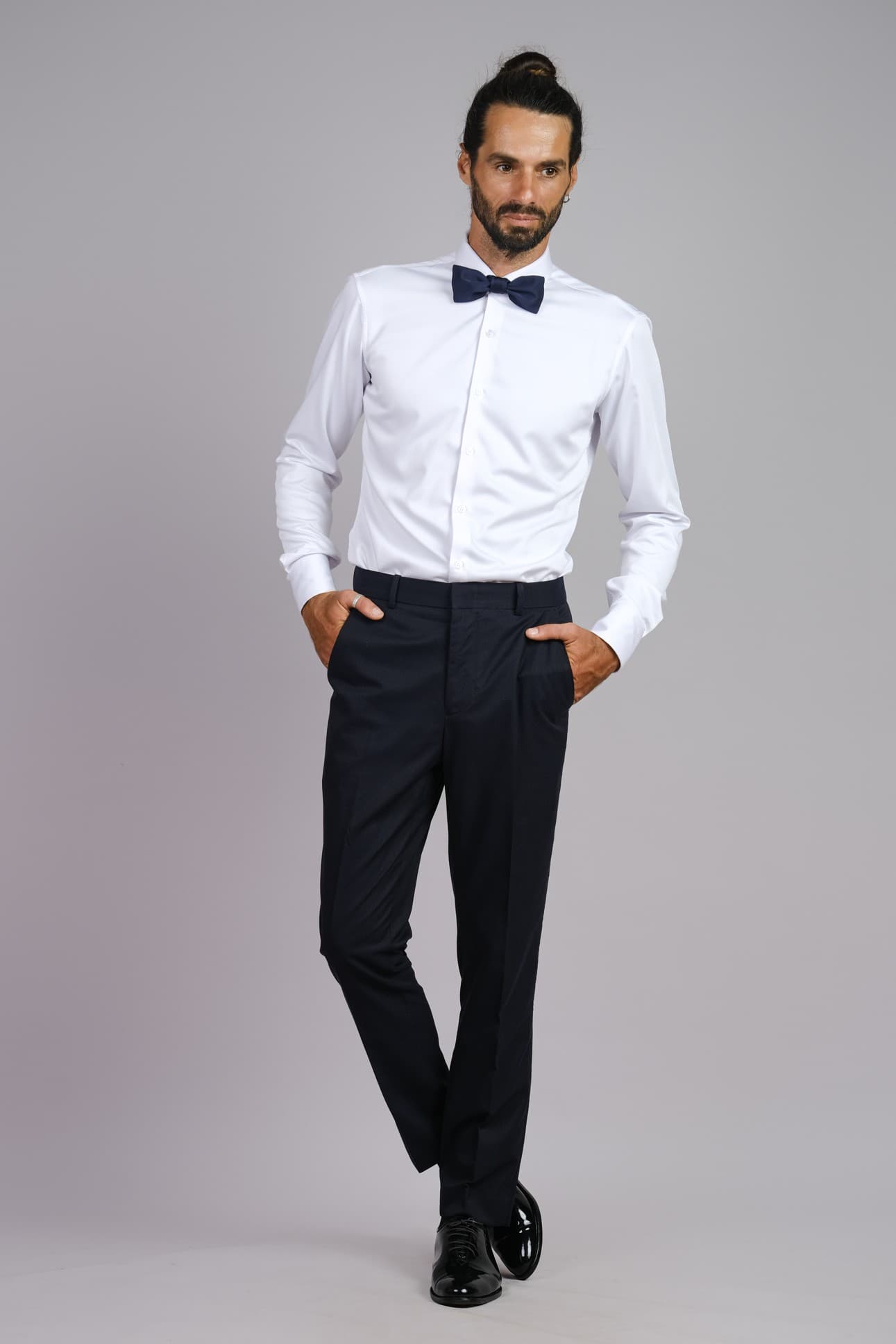 NAVY BLUE SLIM-FIT WOOL TUXEDO TROUSERS