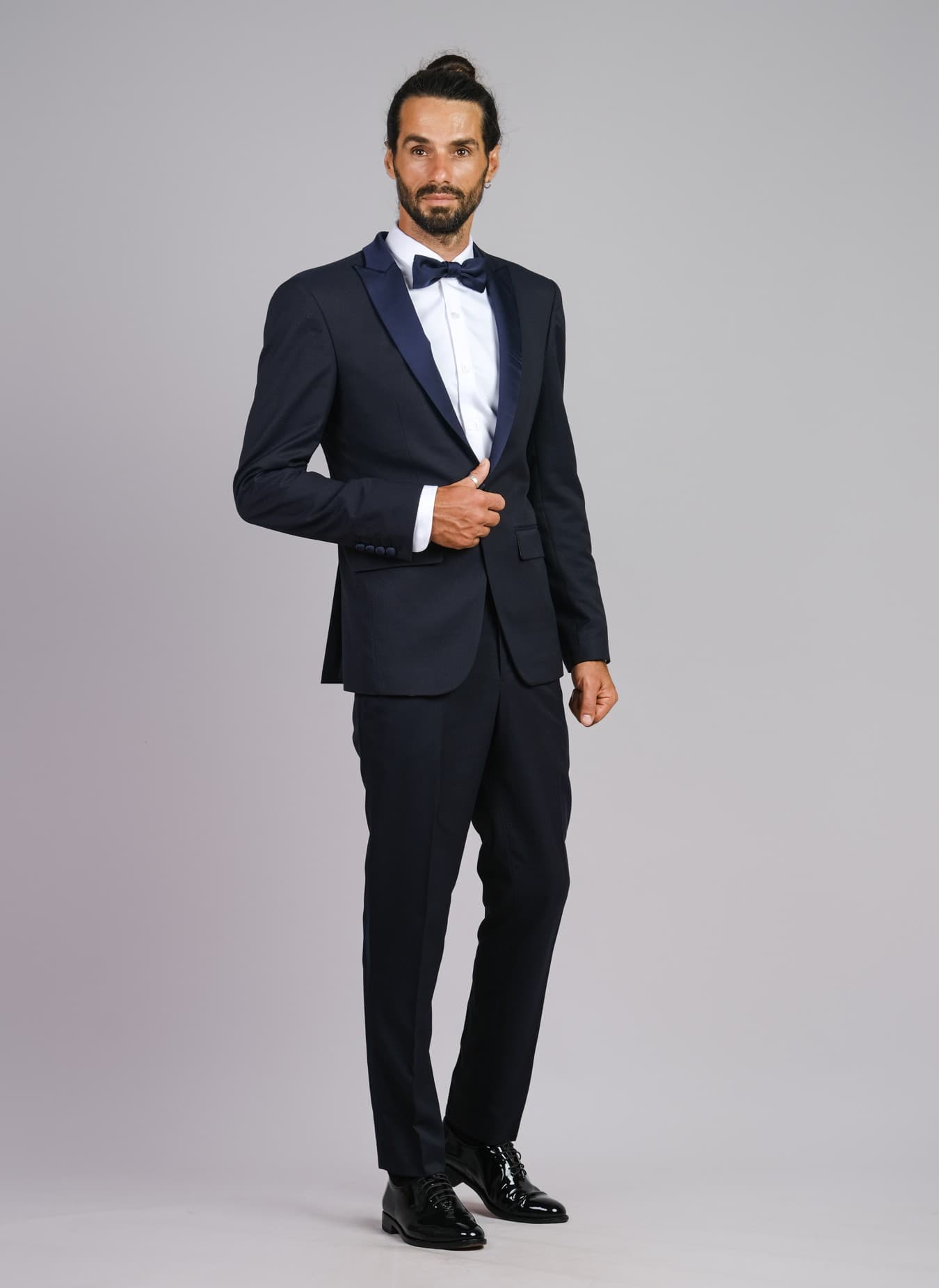 NAVY BLUE SLIM-FIT WOOL TUXEDO TROUSERS