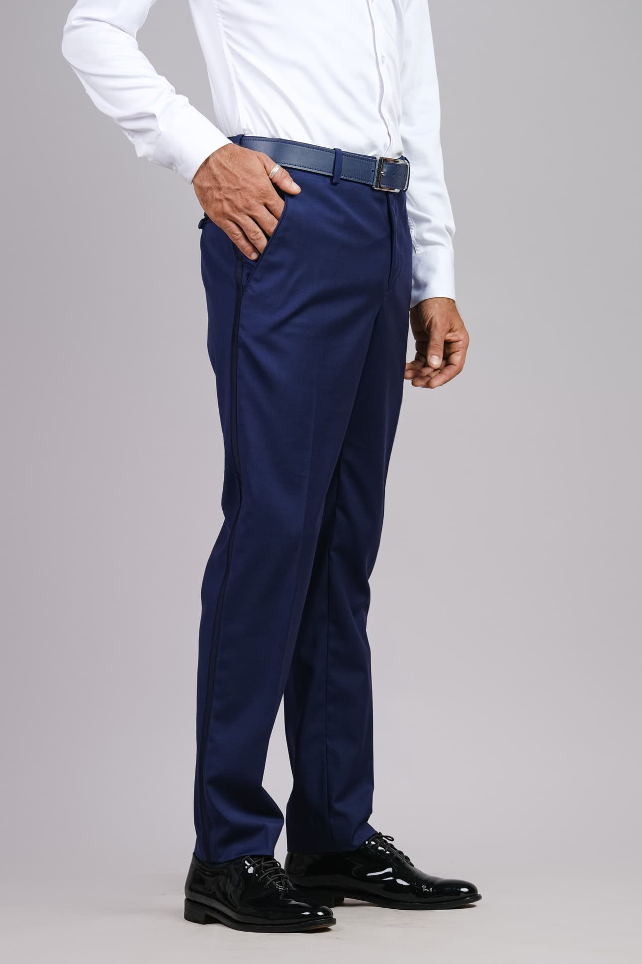 NAVY BLUE SLIM-FIT WOOL TUXEDO TROUSERS