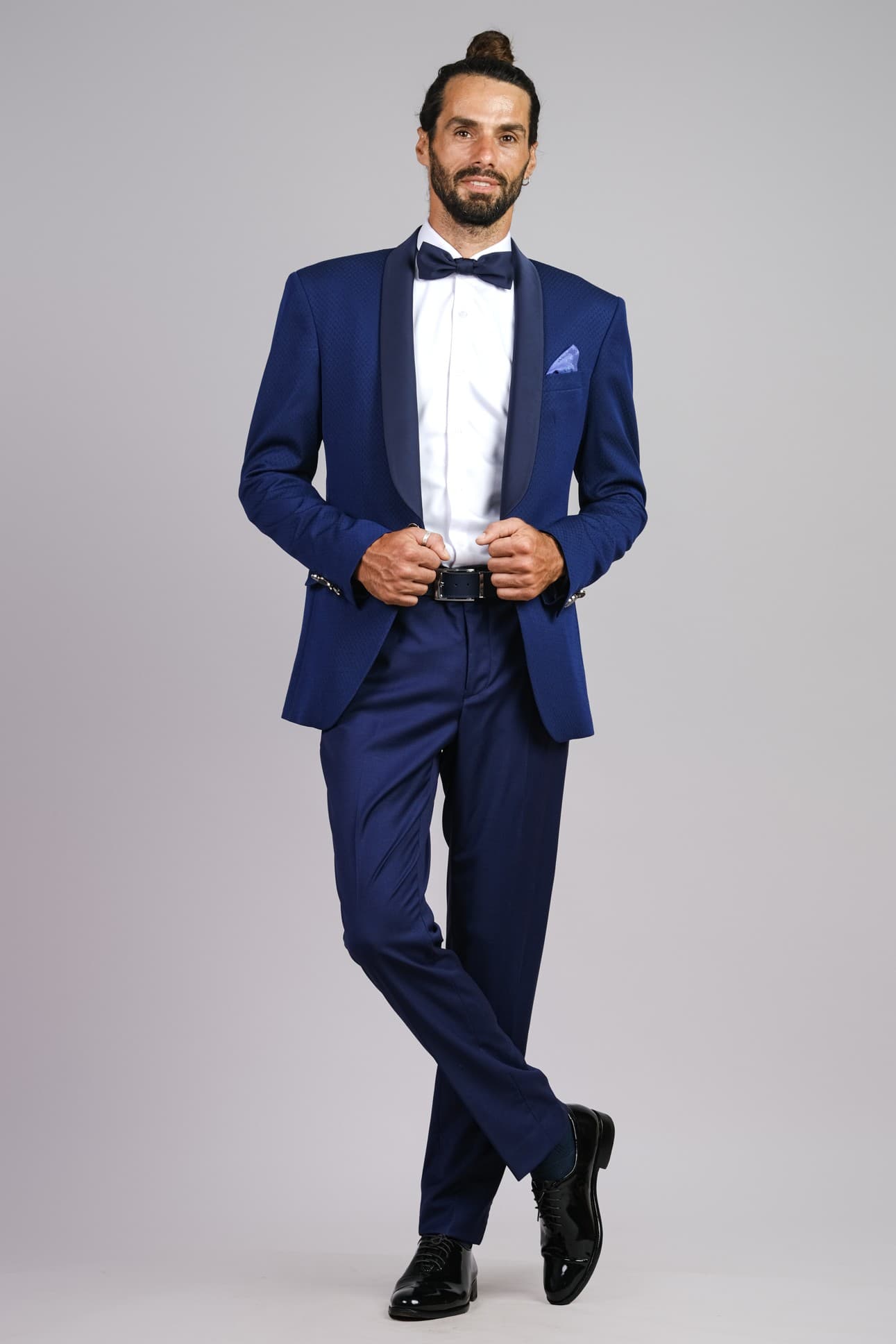 NAVY BLUE SLIM-FIT WOOL TUXEDO TROUSERS