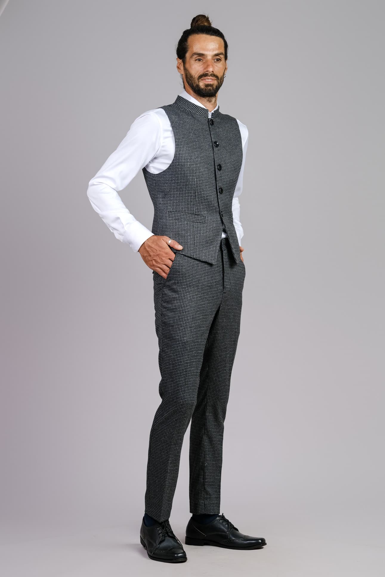 ELEGANT HOUNDSTOOTH MANDARIN WOOL WAISTCOAT 