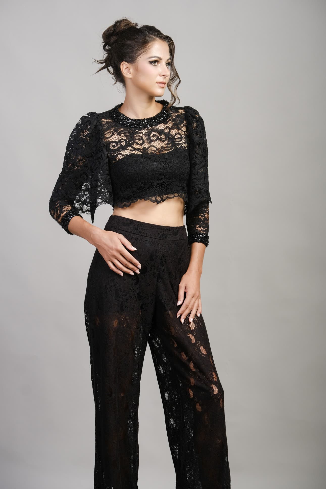 MILKY WAY LACE TOP WITH EMBELLISHMENTS