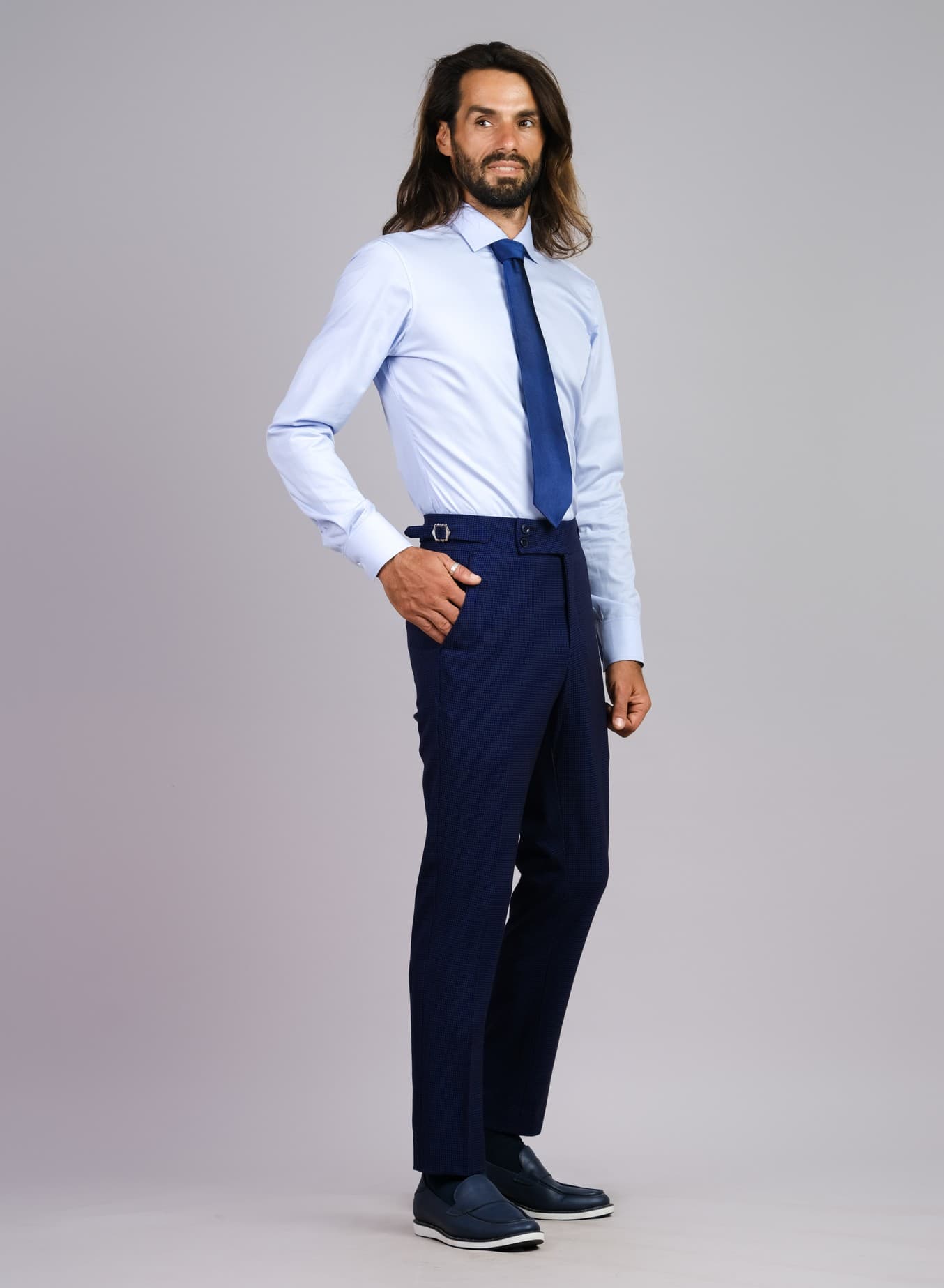 BLUE CHECK SLIM-FIT WOOL TROUSERS