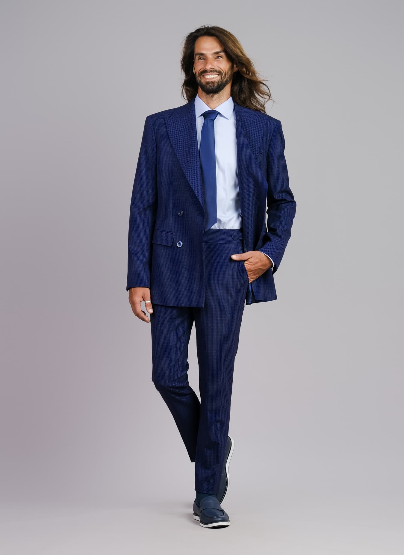 BLUE CHECK DOUBLE-BREASTED WOOL JACKET