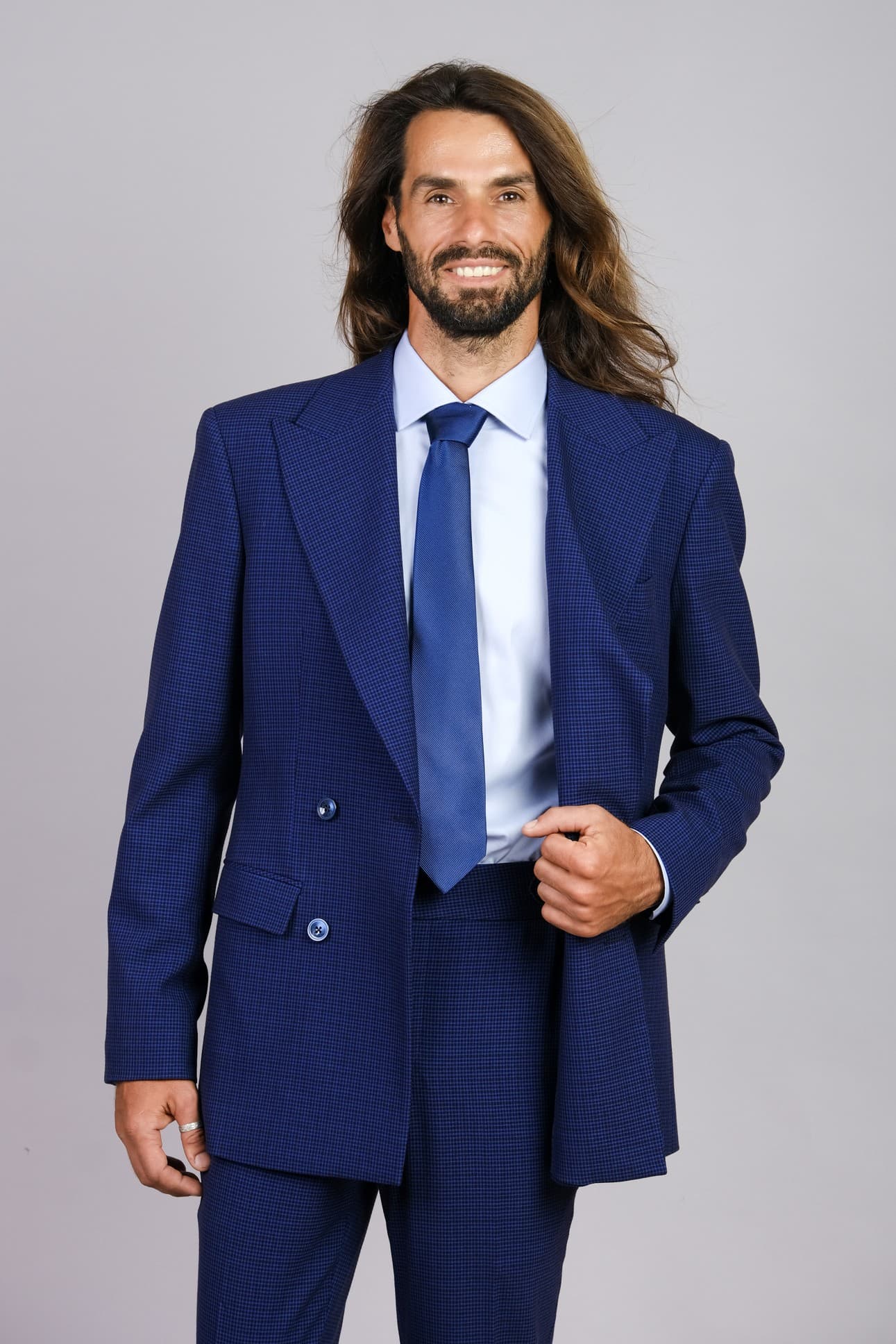 BLUE CHECK DOUBLE-BREASTED WOOL JACKET