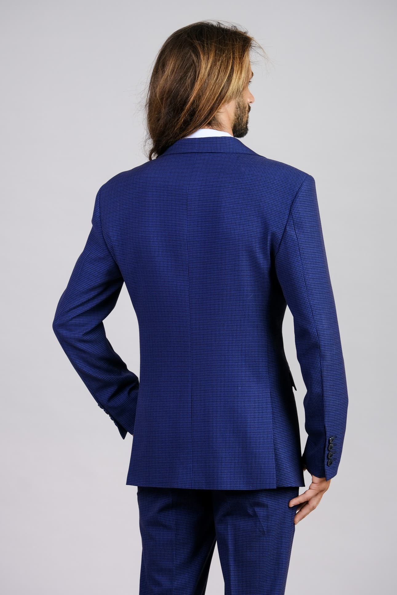 BLUE CHECK DOUBLE-BREASTED WOOL JACKET