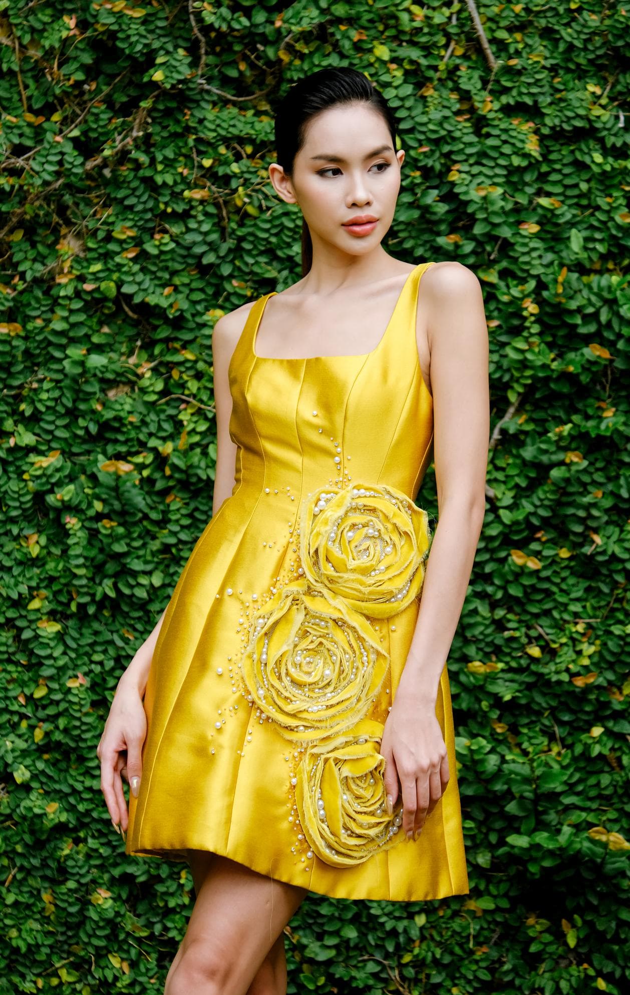 THREE ROSES YELLOW BROCADE MIDI DRESS 