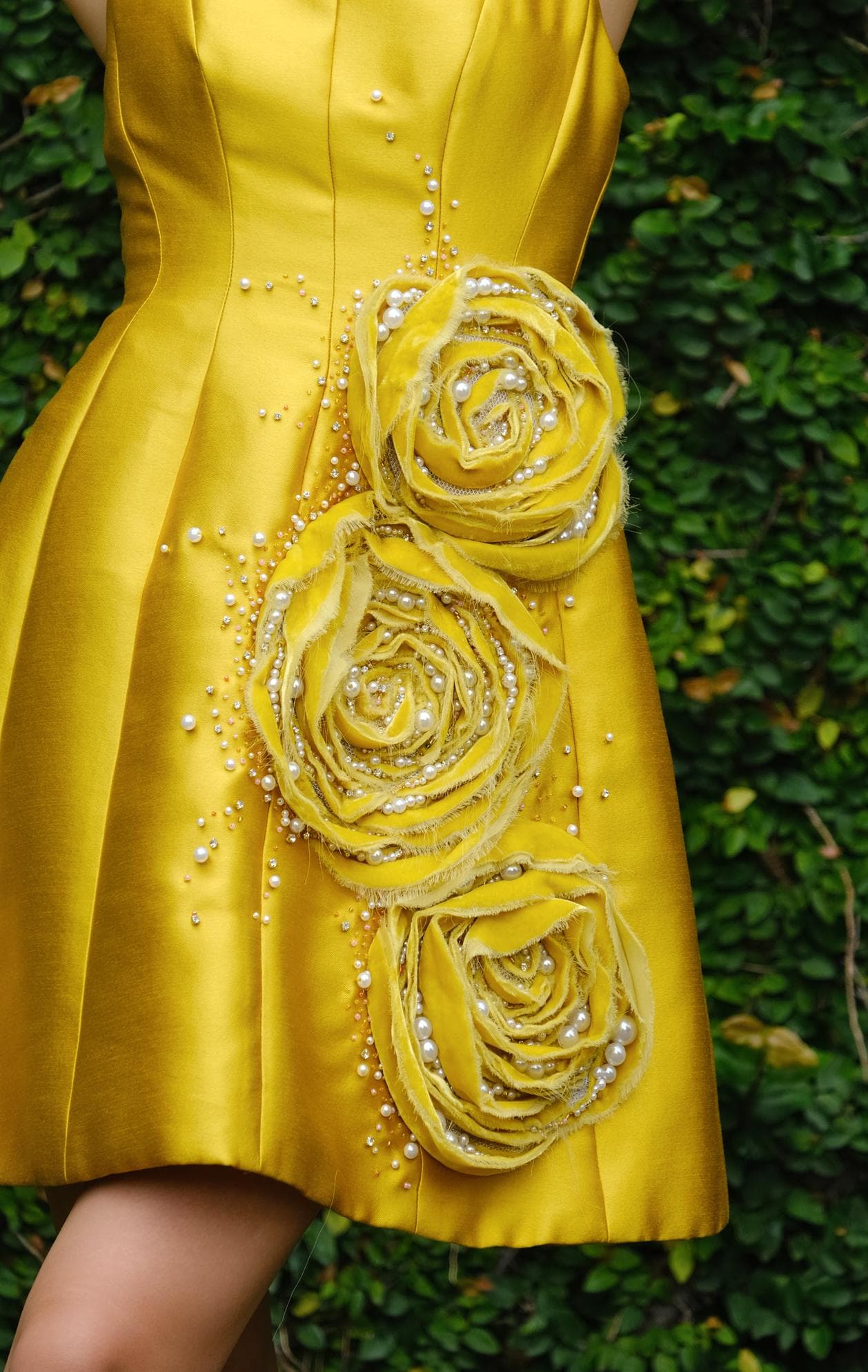 THREE ROSES YELLOW BROCADE MIDI DRESS 