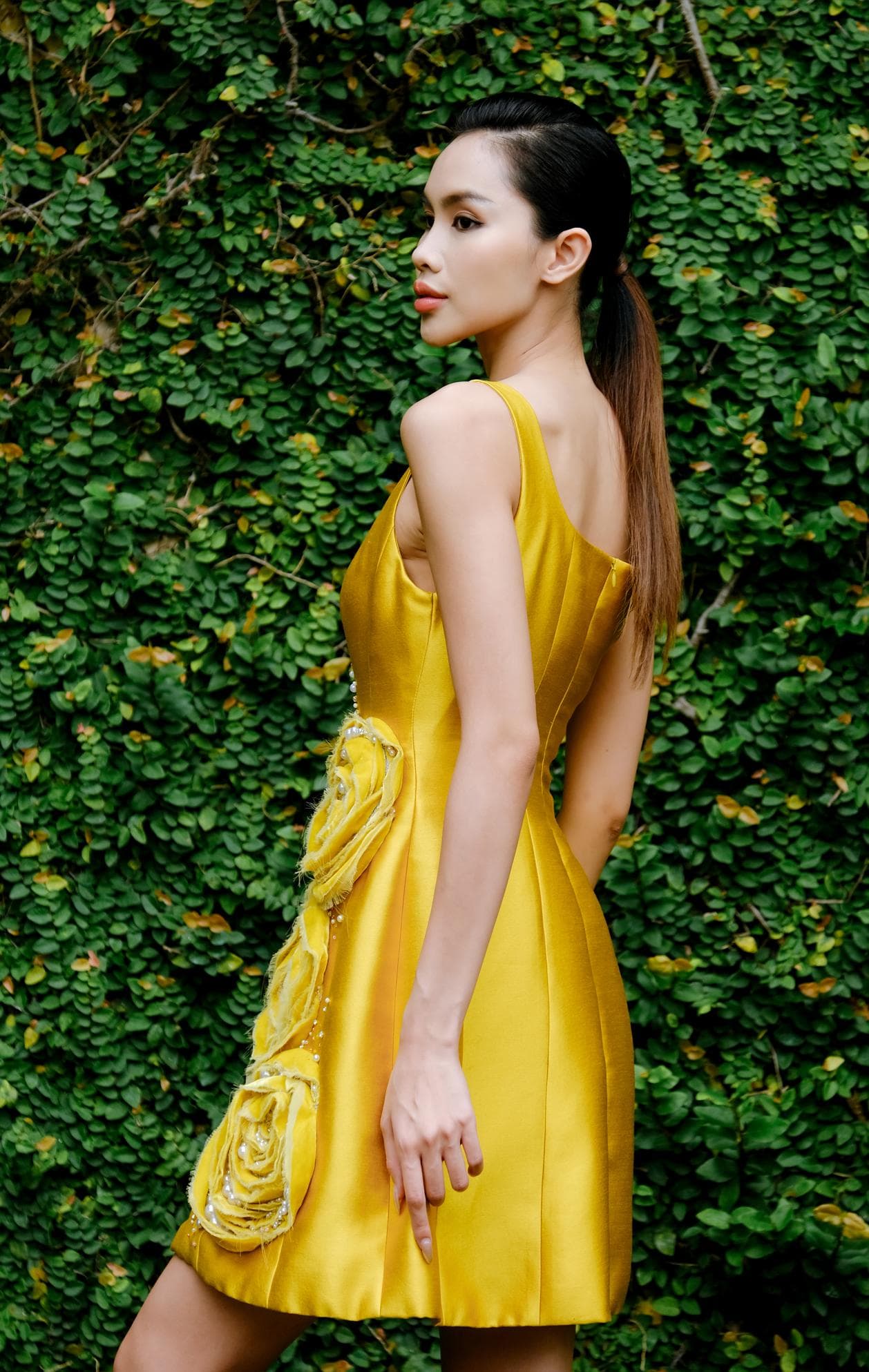 THREE ROSES YELLOW BROCADE MIDI DRESS 