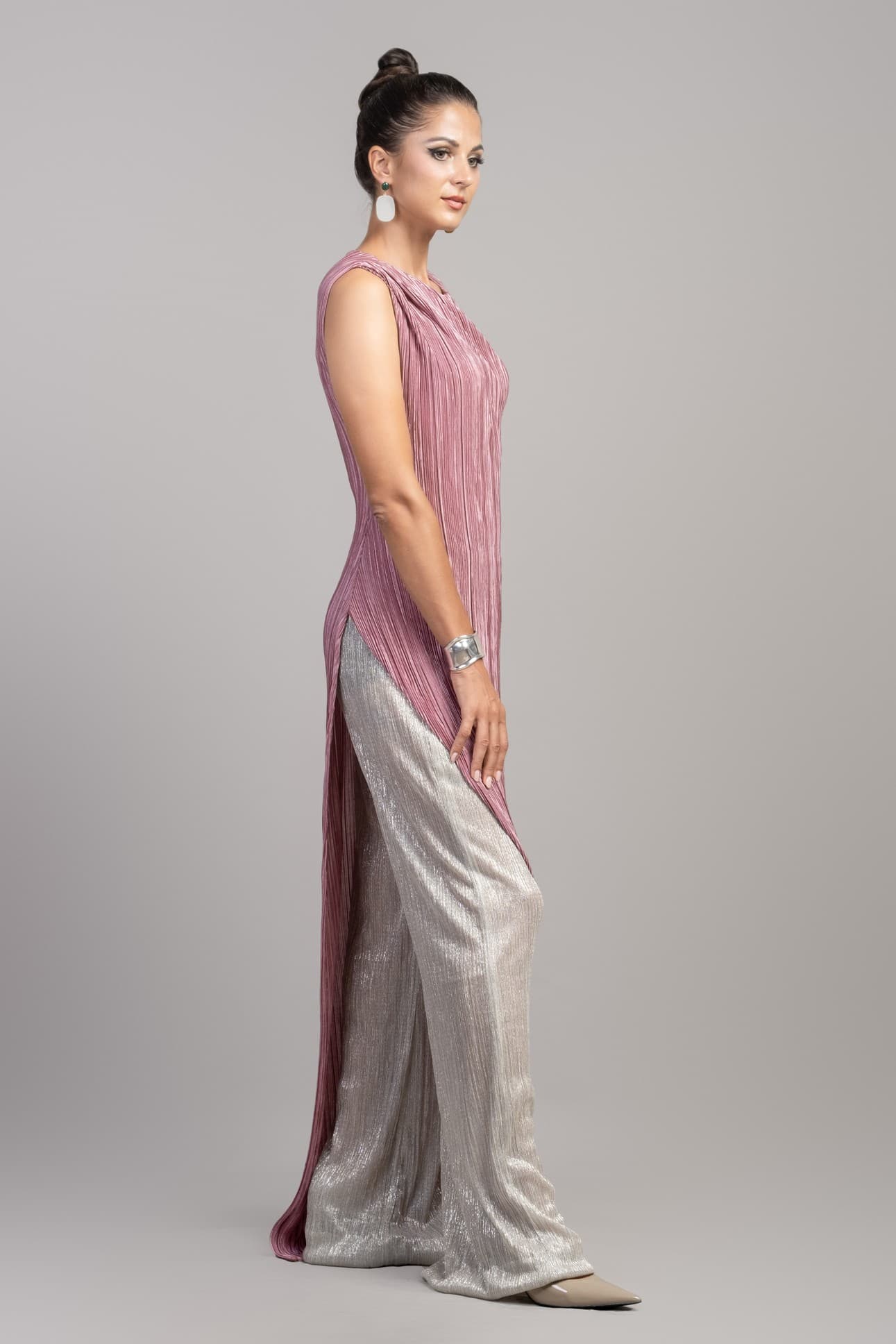 PINK CASCADE TUNIC DRESS OVER TROUSERS