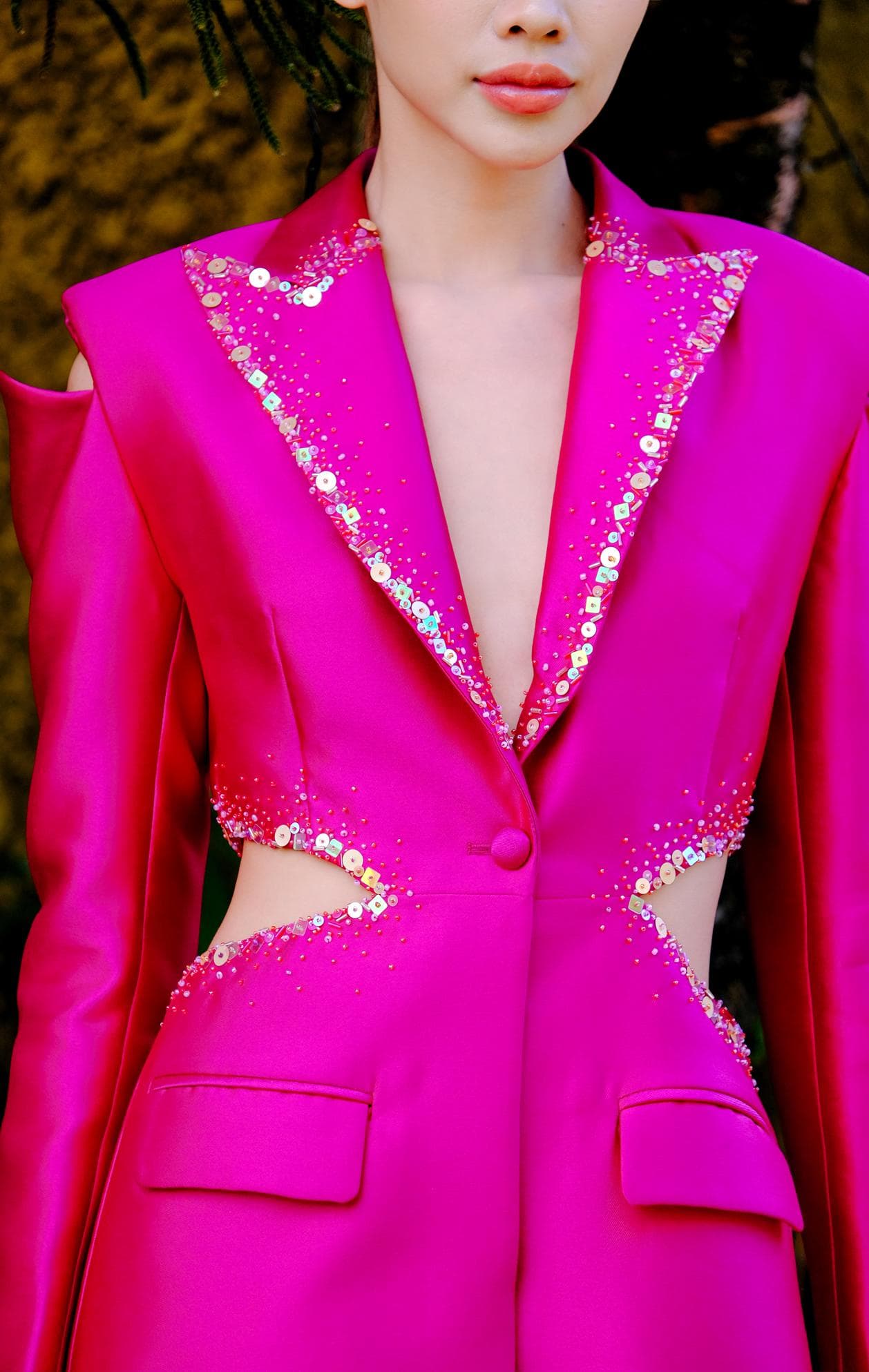 PINK EMBELLISHED CUT-OUT JACKET DRESS 