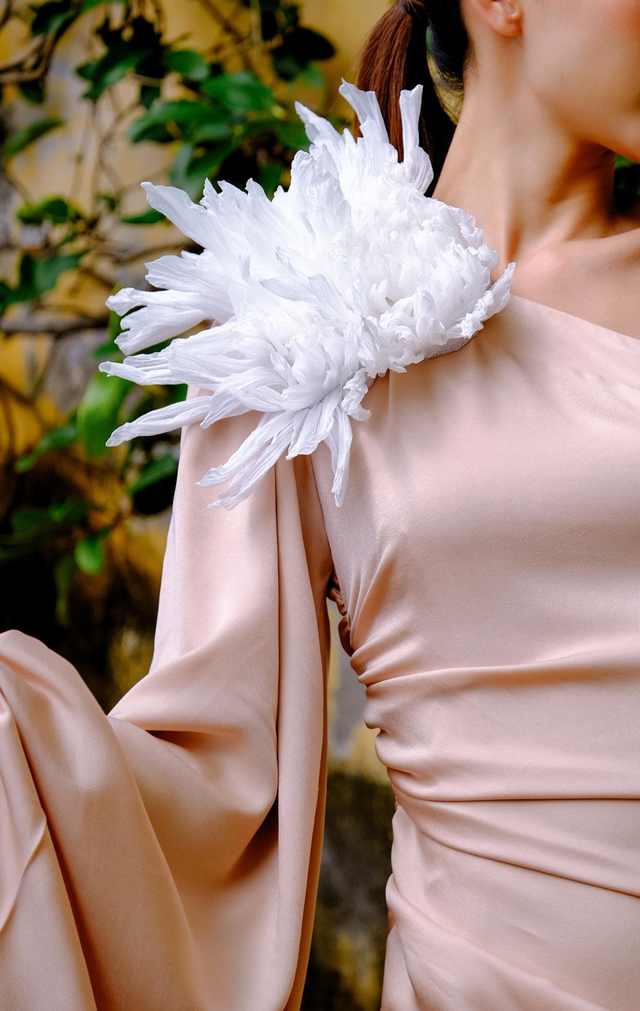 OFF-SHOULDER SILK DRESS WITH HANDCRAFTED PEONY