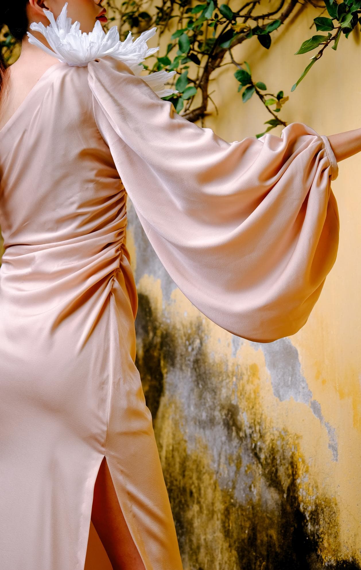 OFF-SHOULDER SILK DRESS WITH HANDCRAFTED PEONY