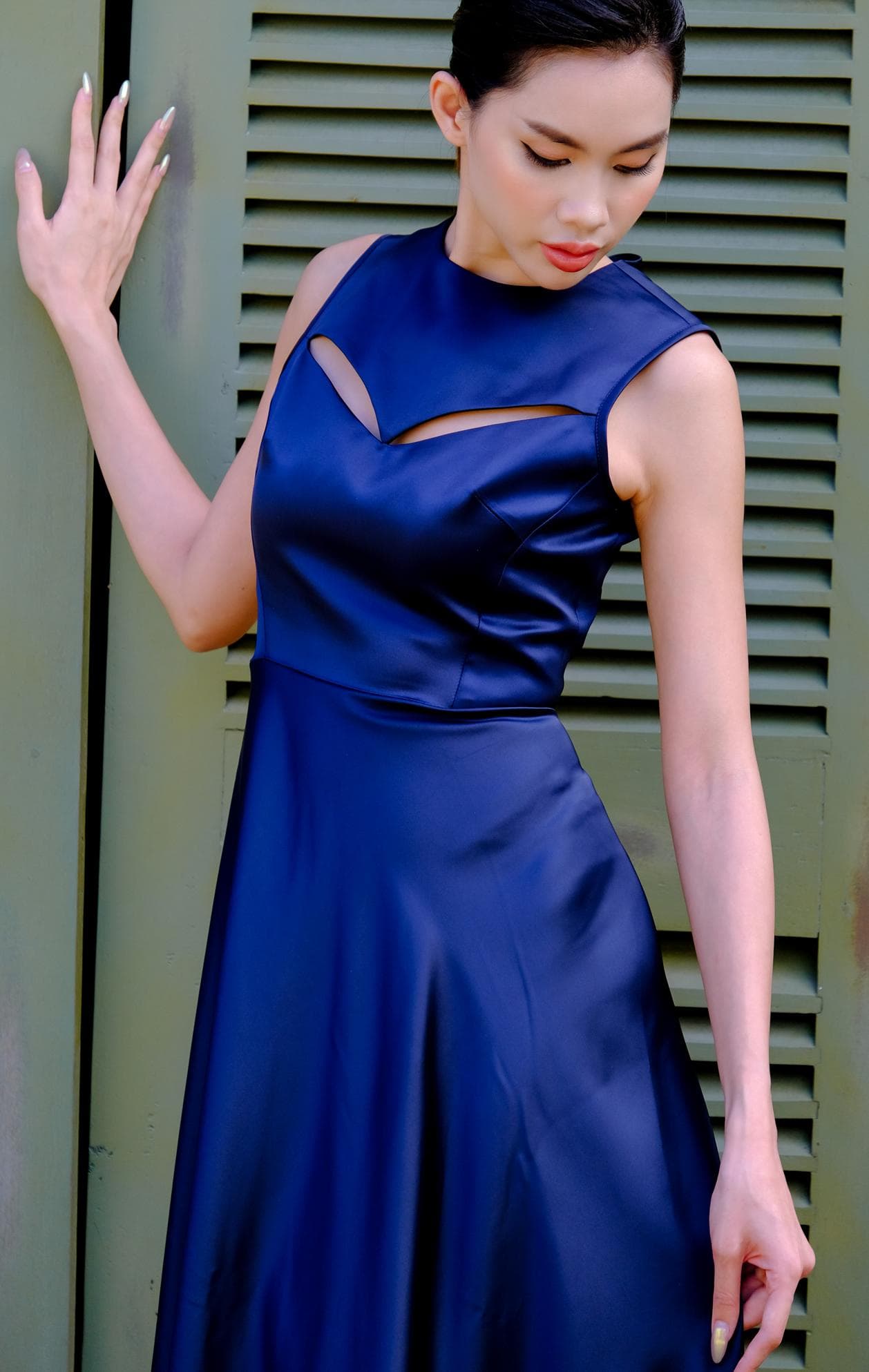 MIDNIGHT SILK FLARED HEM EVENING DRESS