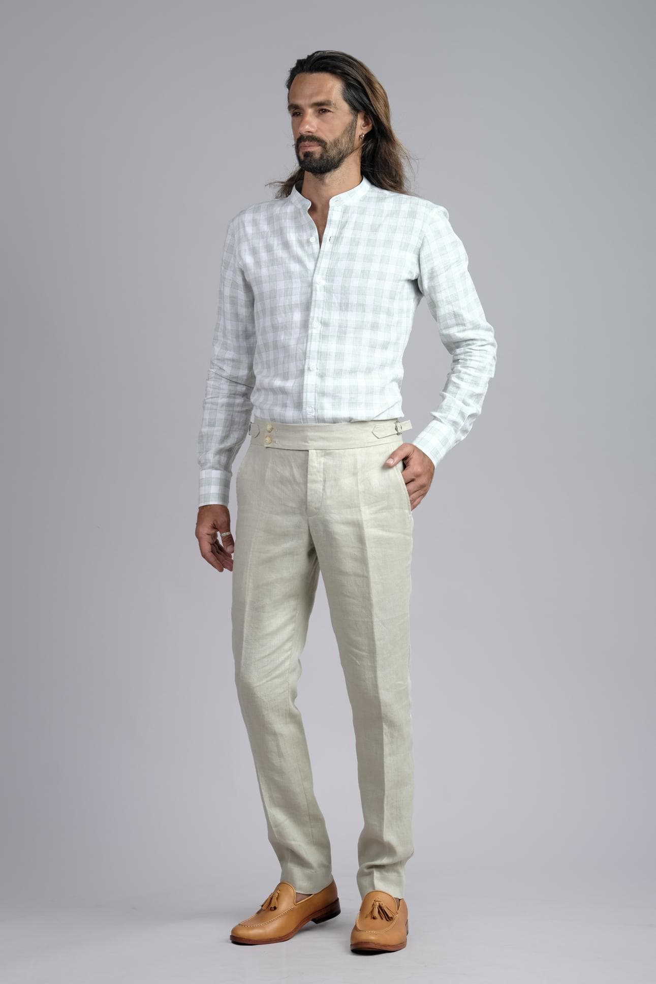 CHECK MANDARIN LINEN SHIRT