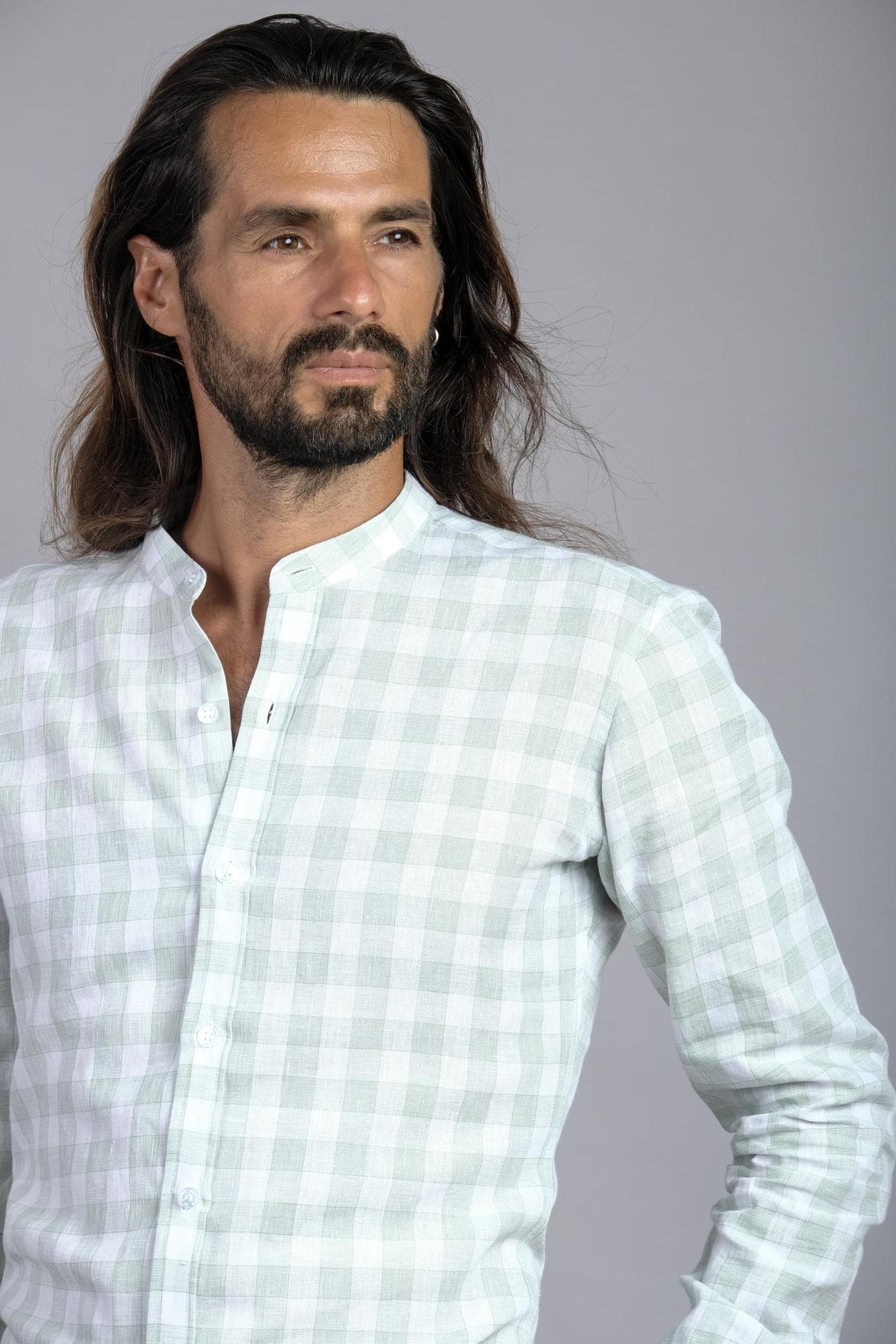 CHECK MANDARIN LINEN SHIRT