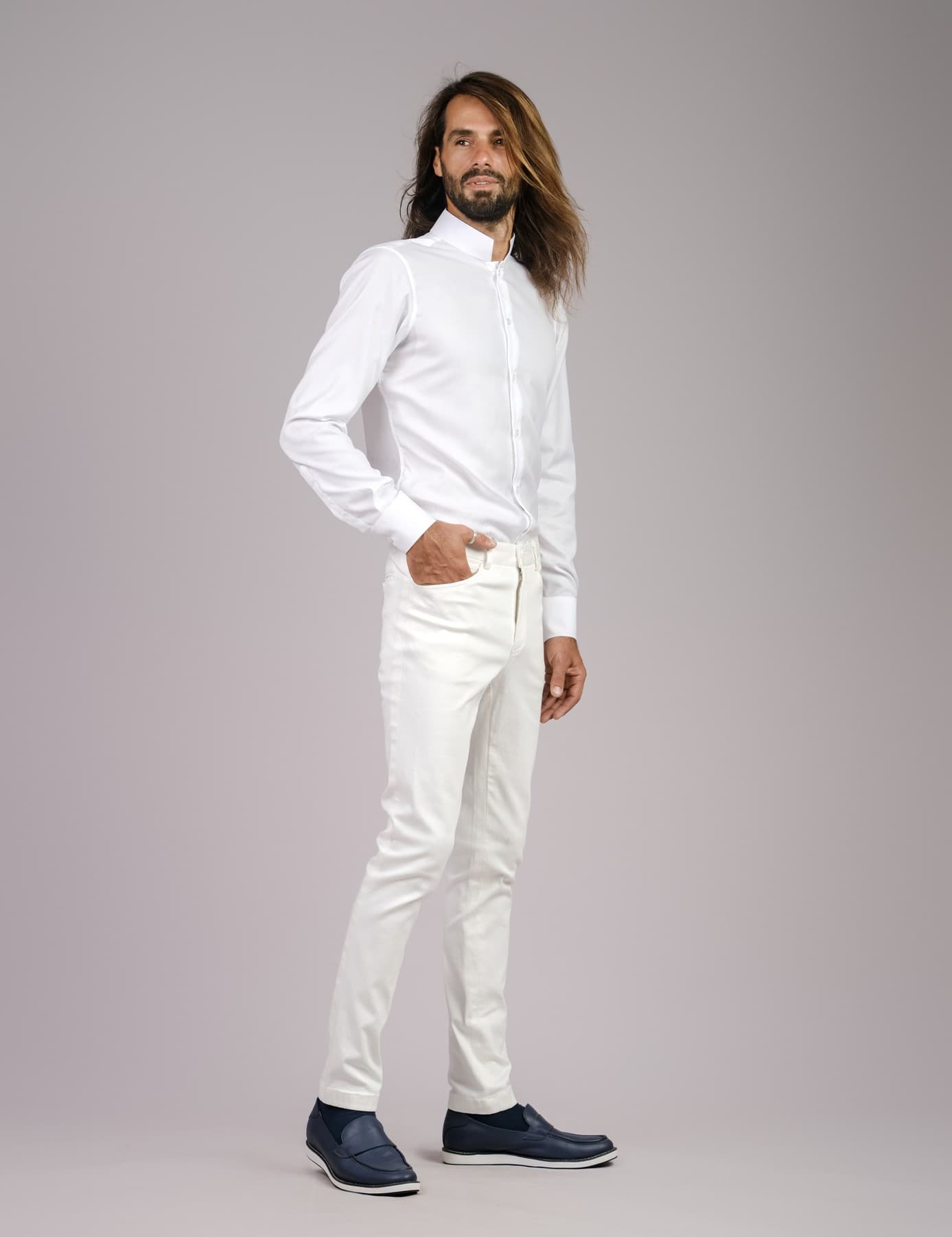 WHITE MANDARIN 100% COTTON SHIRT