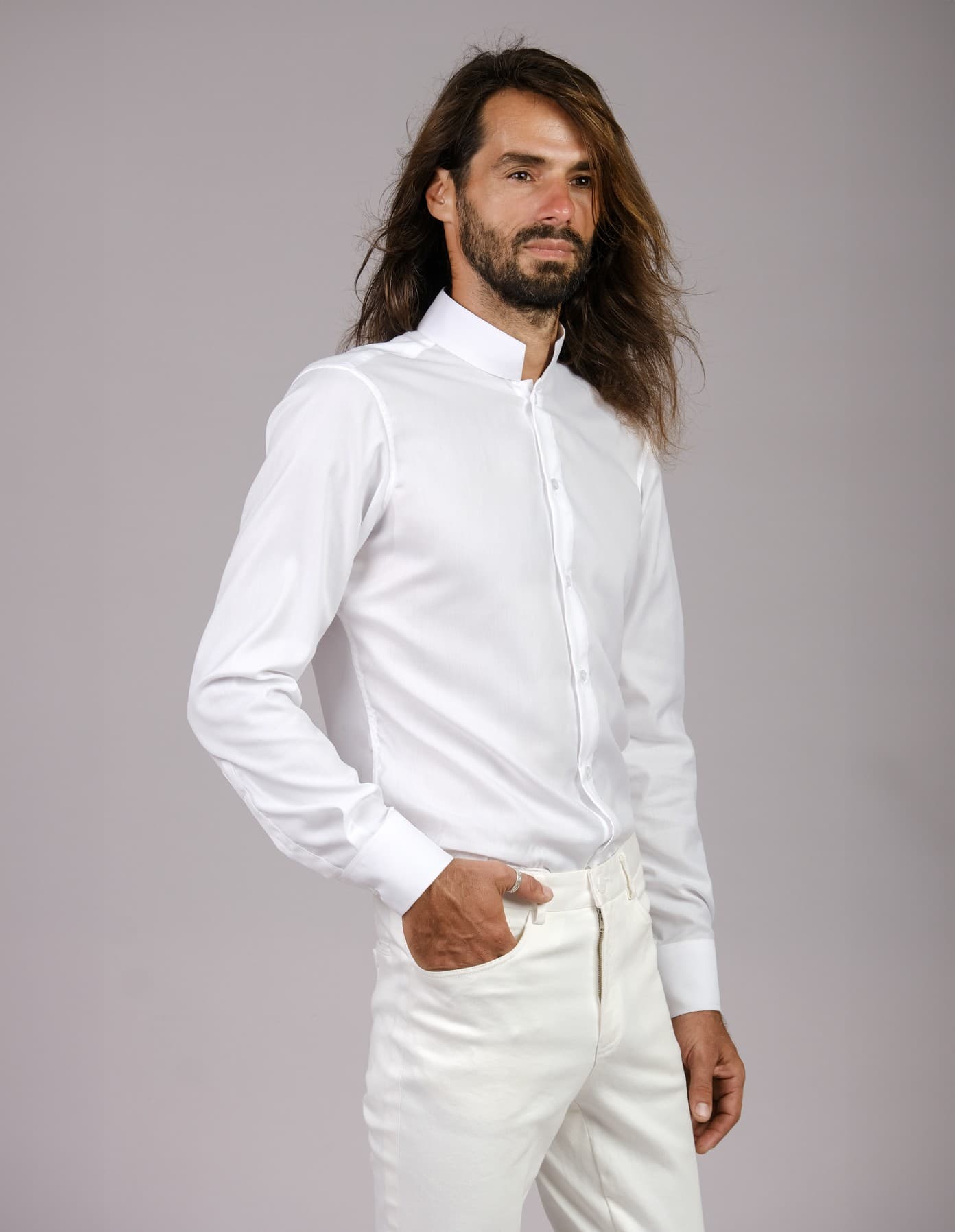 WHITE MANDARIN 100% COTTON SHIRT