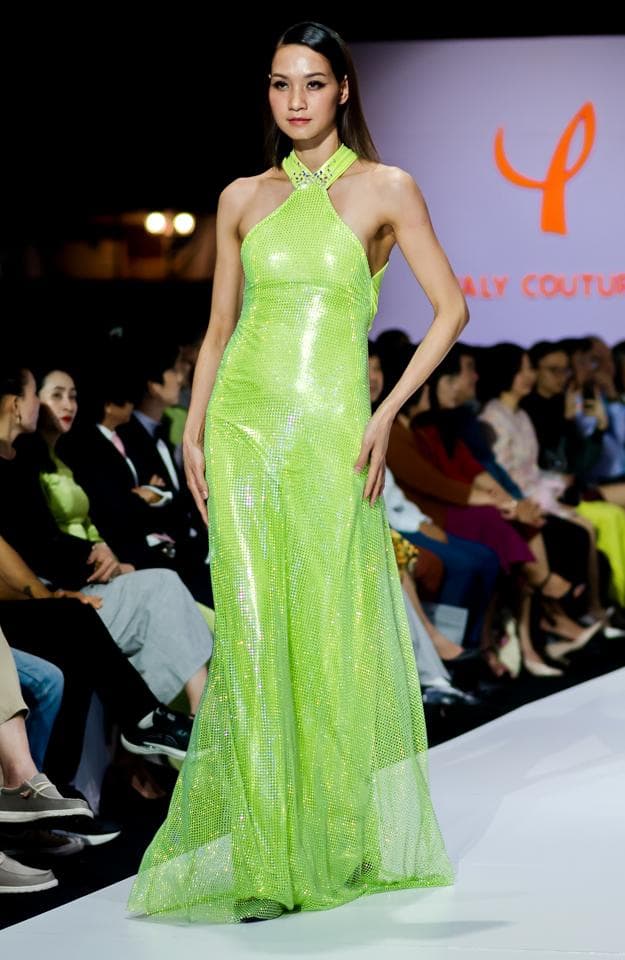 GREEN METALLIC MESH LONG DRESS