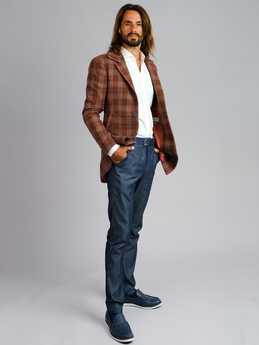 BROWN CHECKED JACKET & FIT DENIM TROUSERS