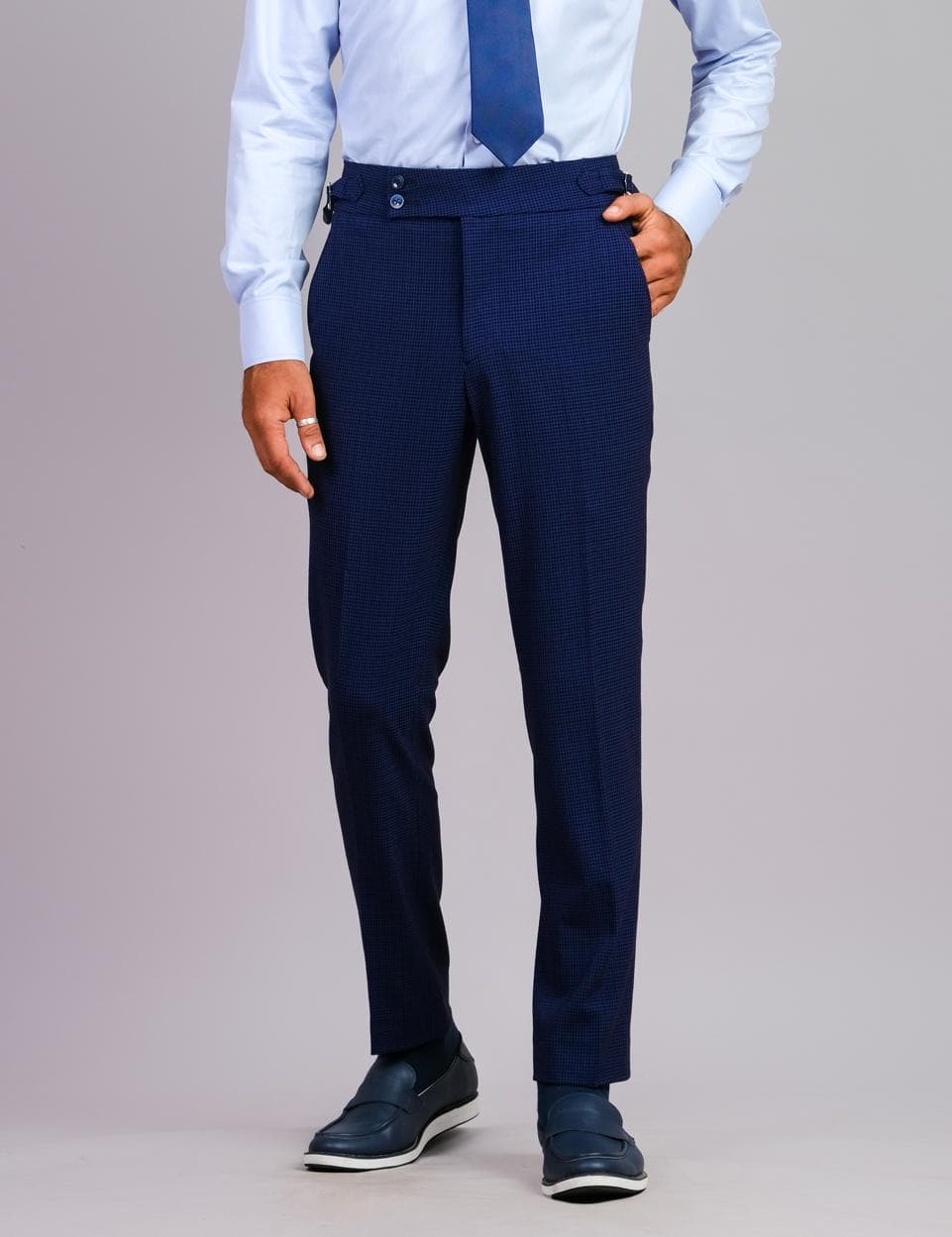 BLUE CHECK SLIM-FIT WOOL TROUSERS