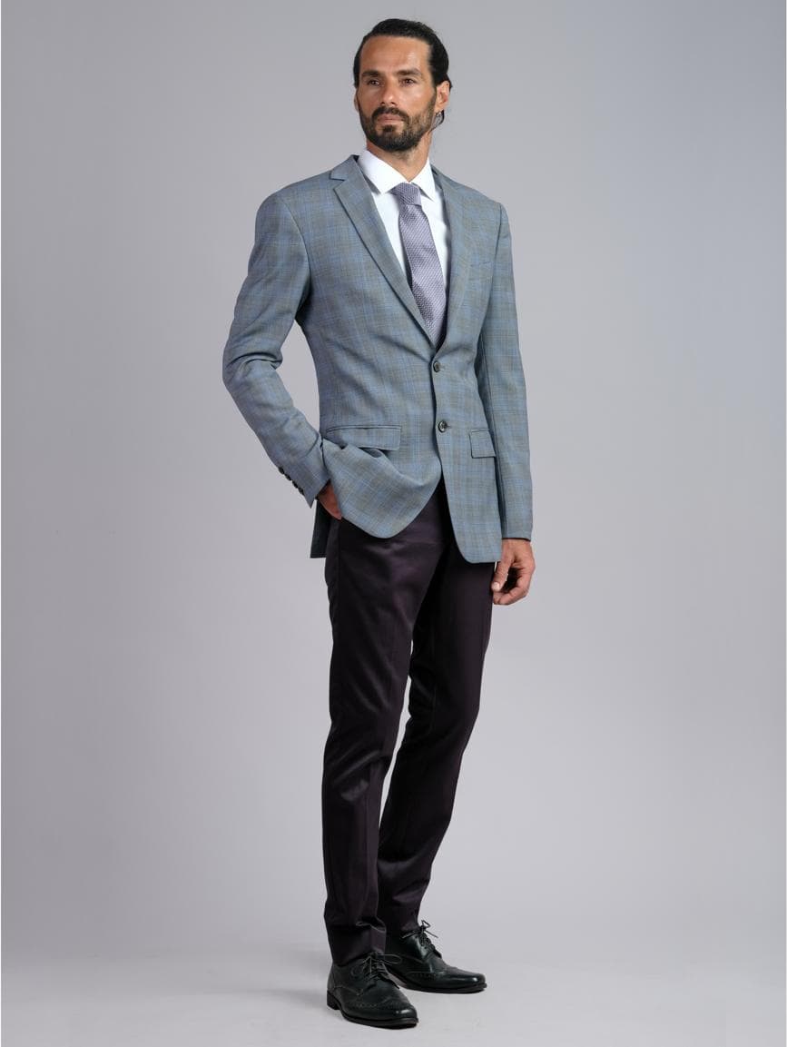 CHECK WOOL JACKET & DARK BLUE COTTON PANTS 2-PIECE SUIT