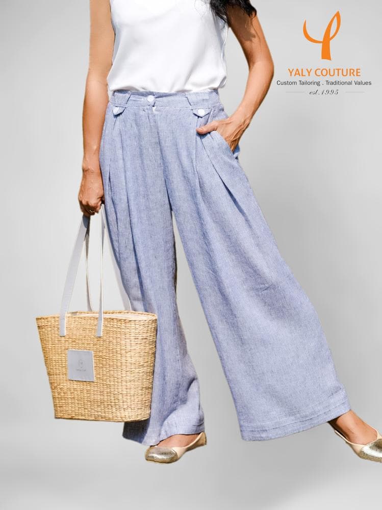 BLUE & WHITE STRIPES LINEN WIDE TROUSERS