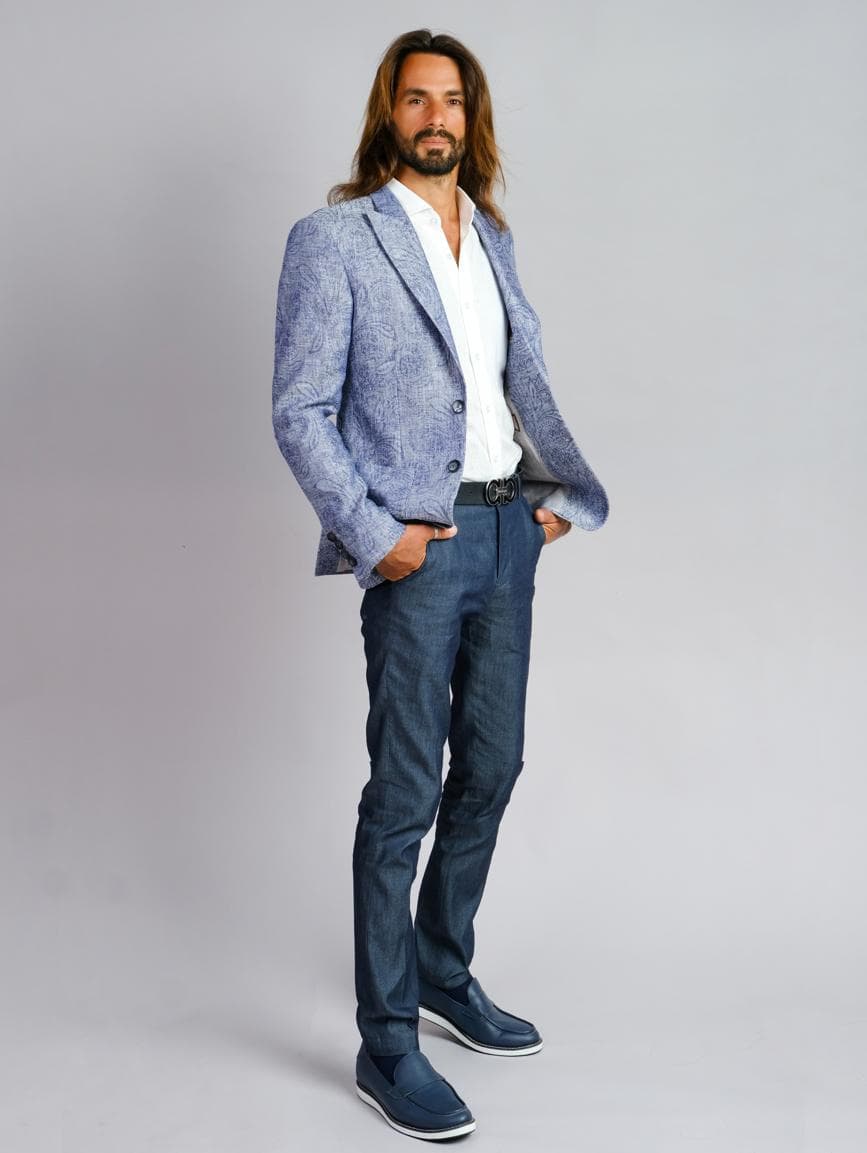 BLUE FLORAL LINEN JACKET & FIT DENIM TROUSERS