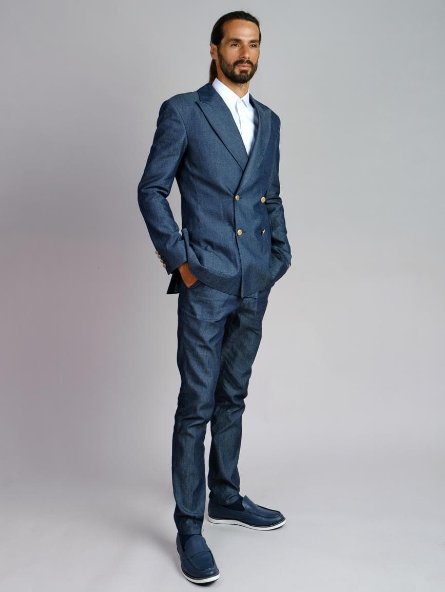 BLUE DENIM DOUBLE BREASTED 2-PIECE SUIT