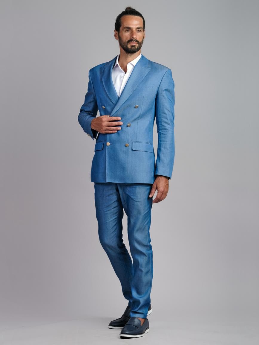 LIGHT BLUE DENIM DOUBLE BREASTED 2-PIECE SUIT