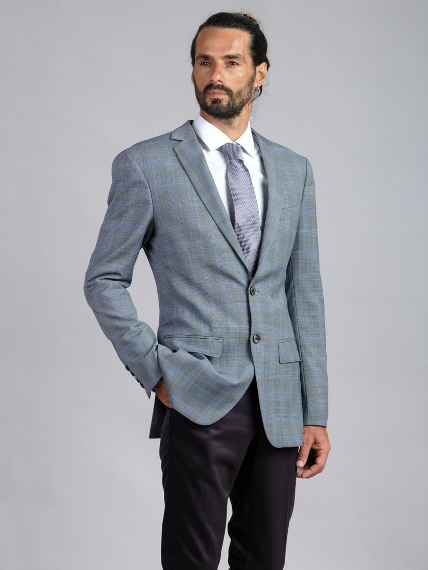 LUXURIOUS GREY & BLUE CHECK WOOL JACKET