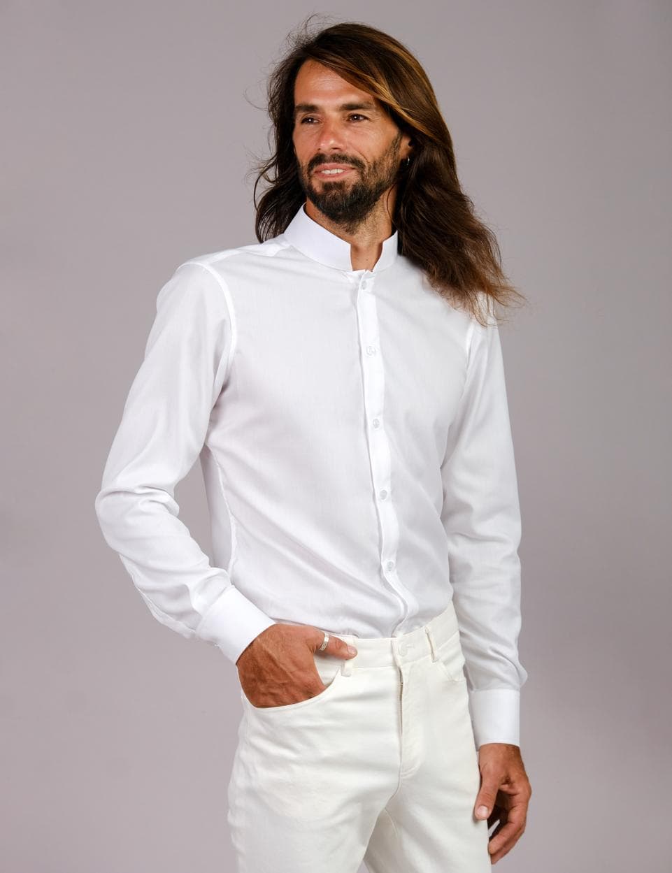 WHITE MANDARIN 100% COTTON SHIRT