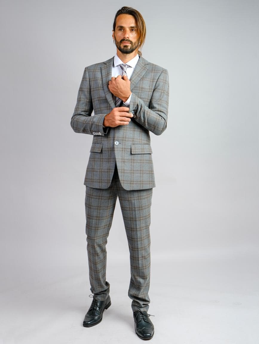 GREY CHECK ITALIAN WOOL 3-PIECE SUIT 