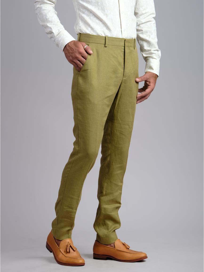 OLIVE ESSENCE SLIM-FIT LINEN TROUSERS