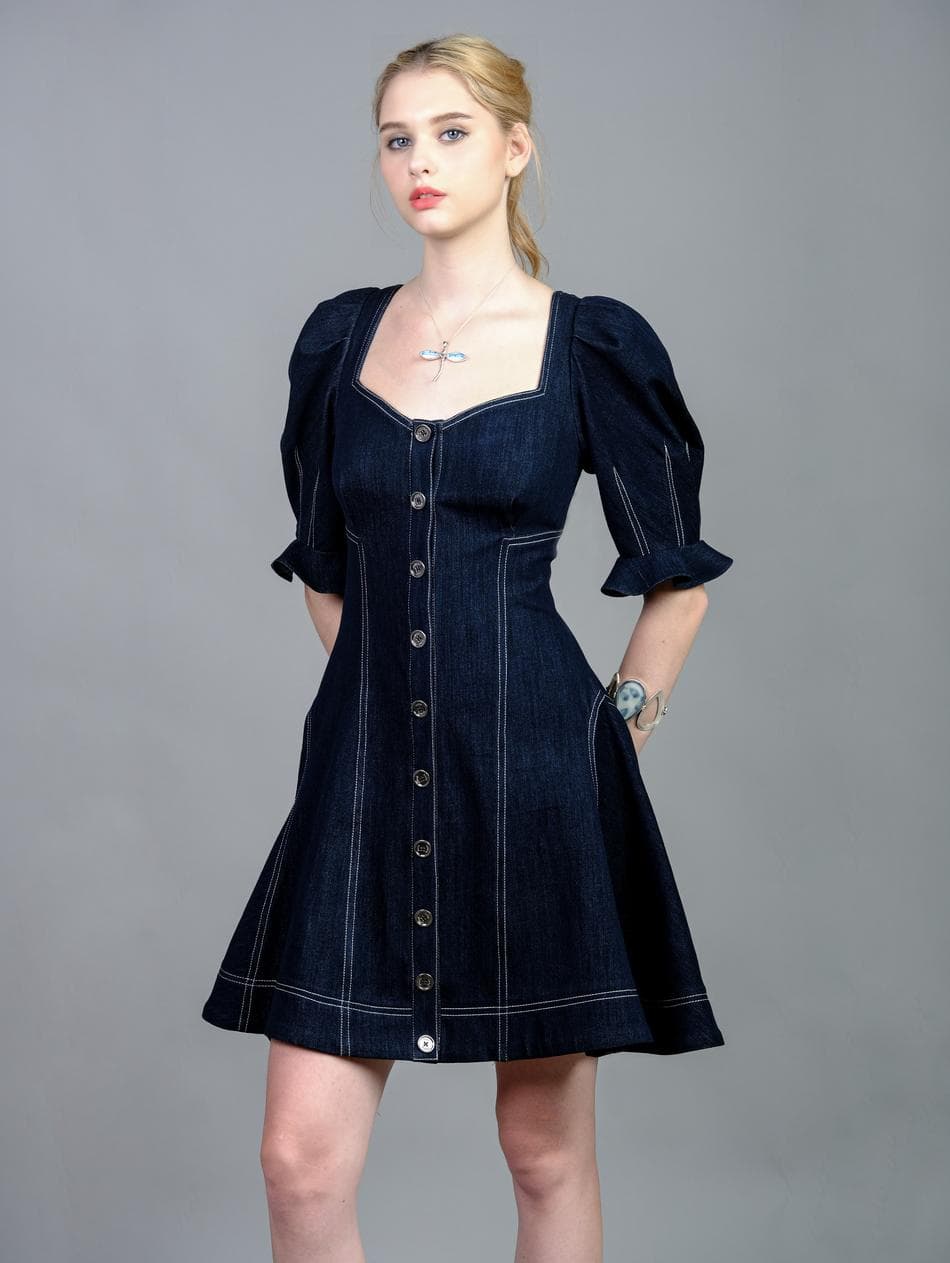 ĐẦM JEANS NÚT TRƯỚC TAY PHỒNG