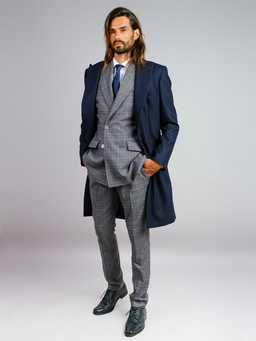 BỘ SUIT 3 MẢNH CARO XÁM KẾT HỢP ÁO KHOÁC DẠ XANH